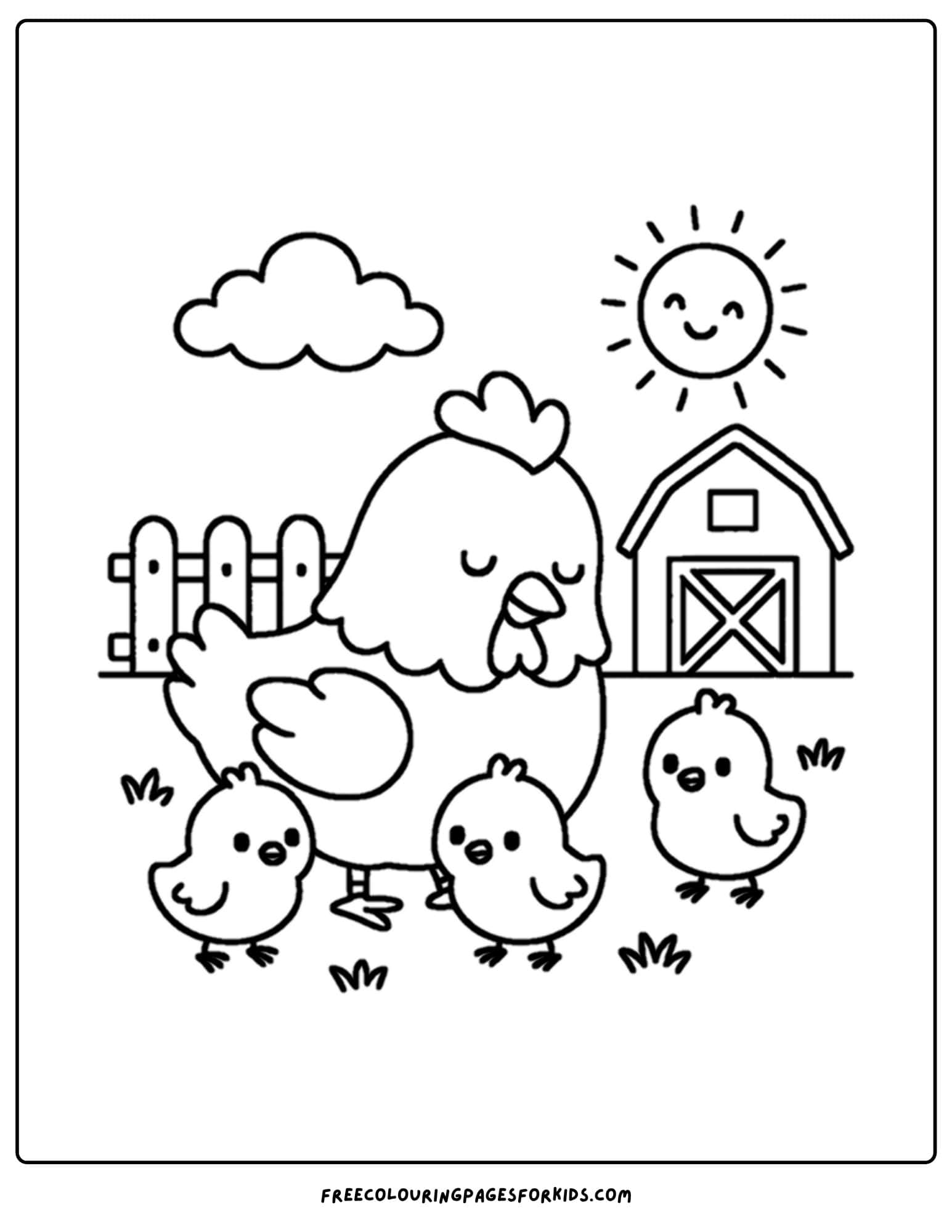 a coloring page of a chicken and chicks at a barn