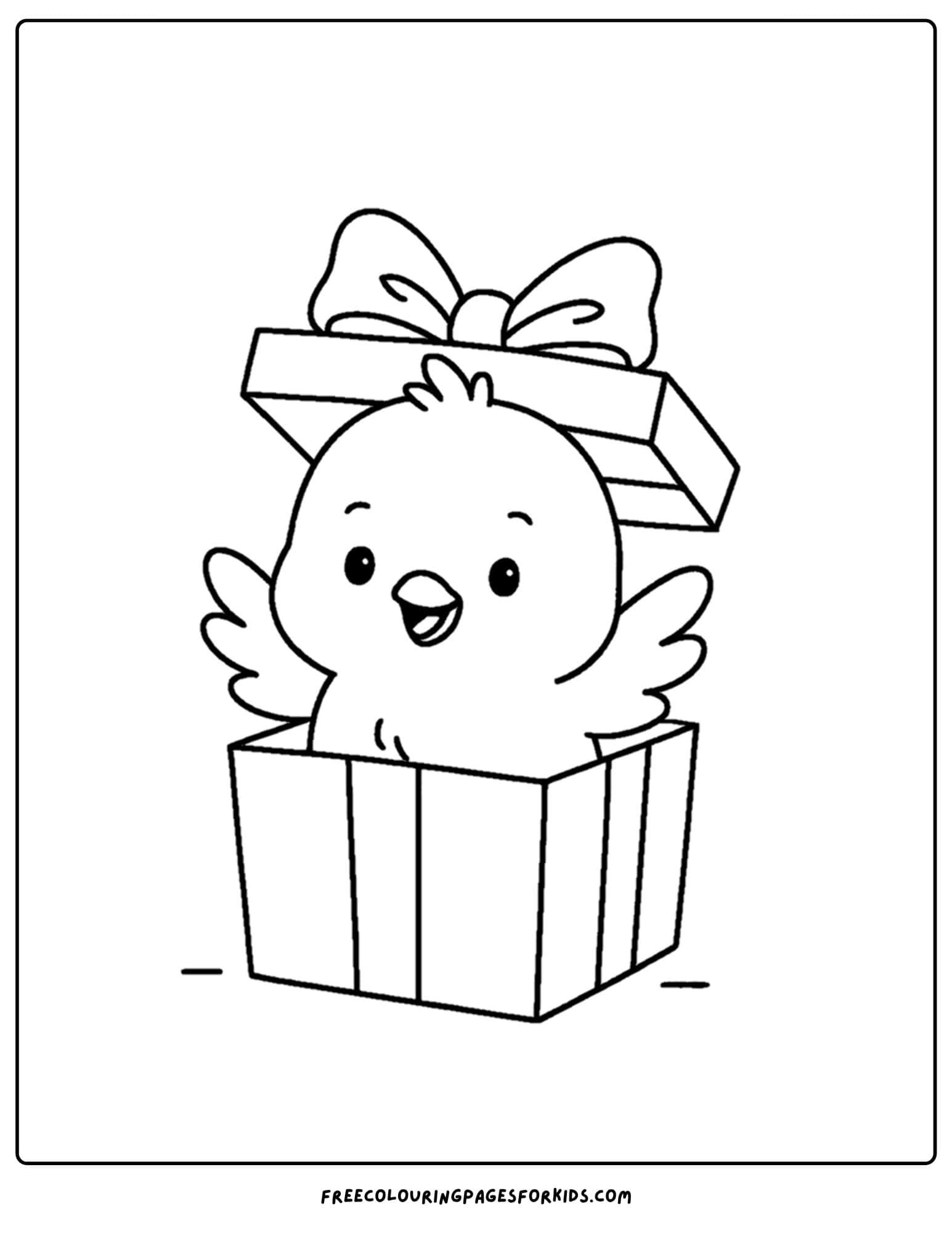 a coloring page of a chicken popping out of a gift