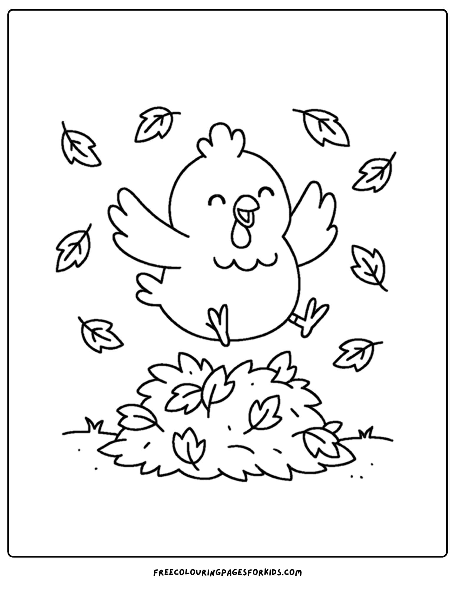 a coloring page of a chicken jumping in leaves