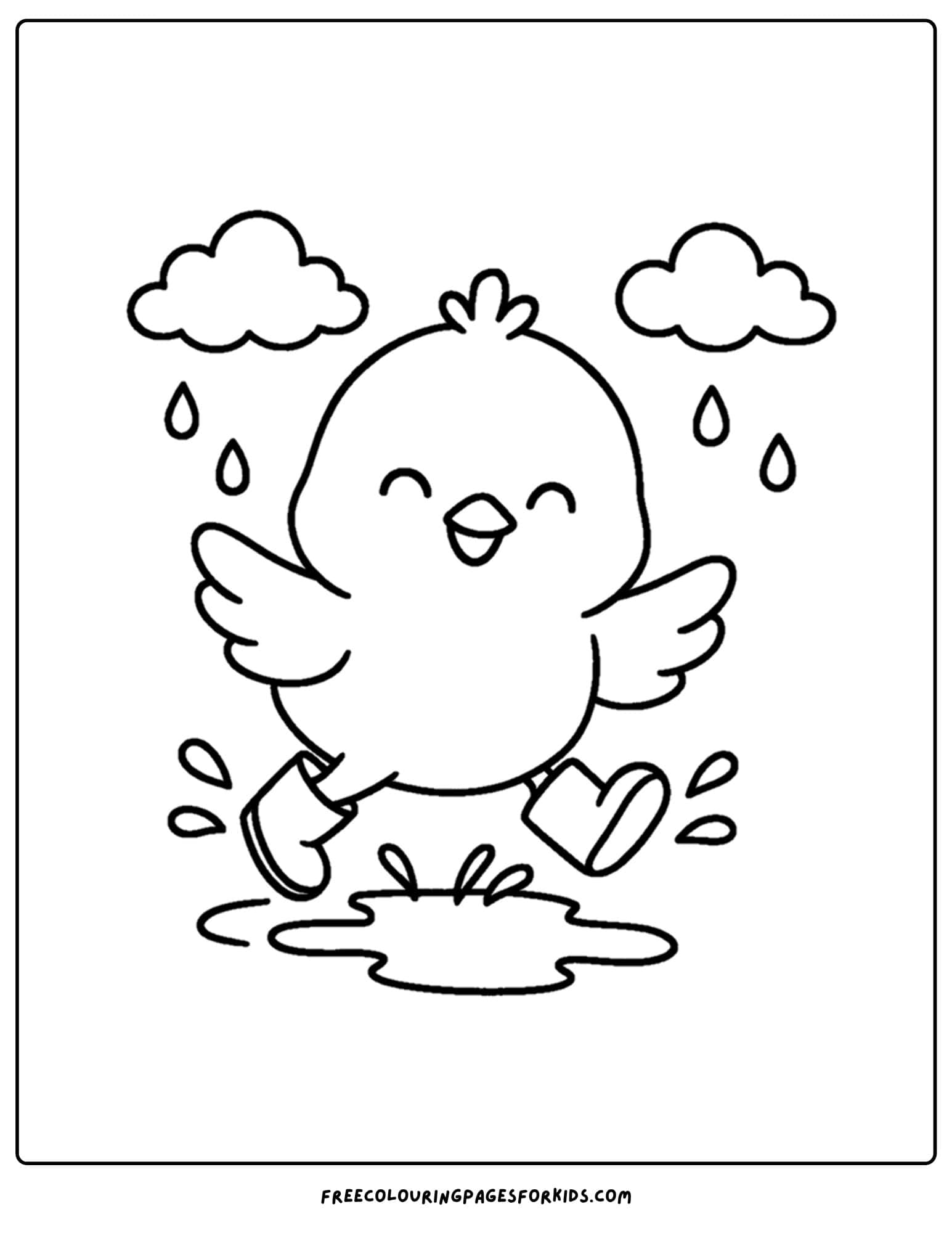a coloring page of a chicken wearing boots and jumping in puddles
