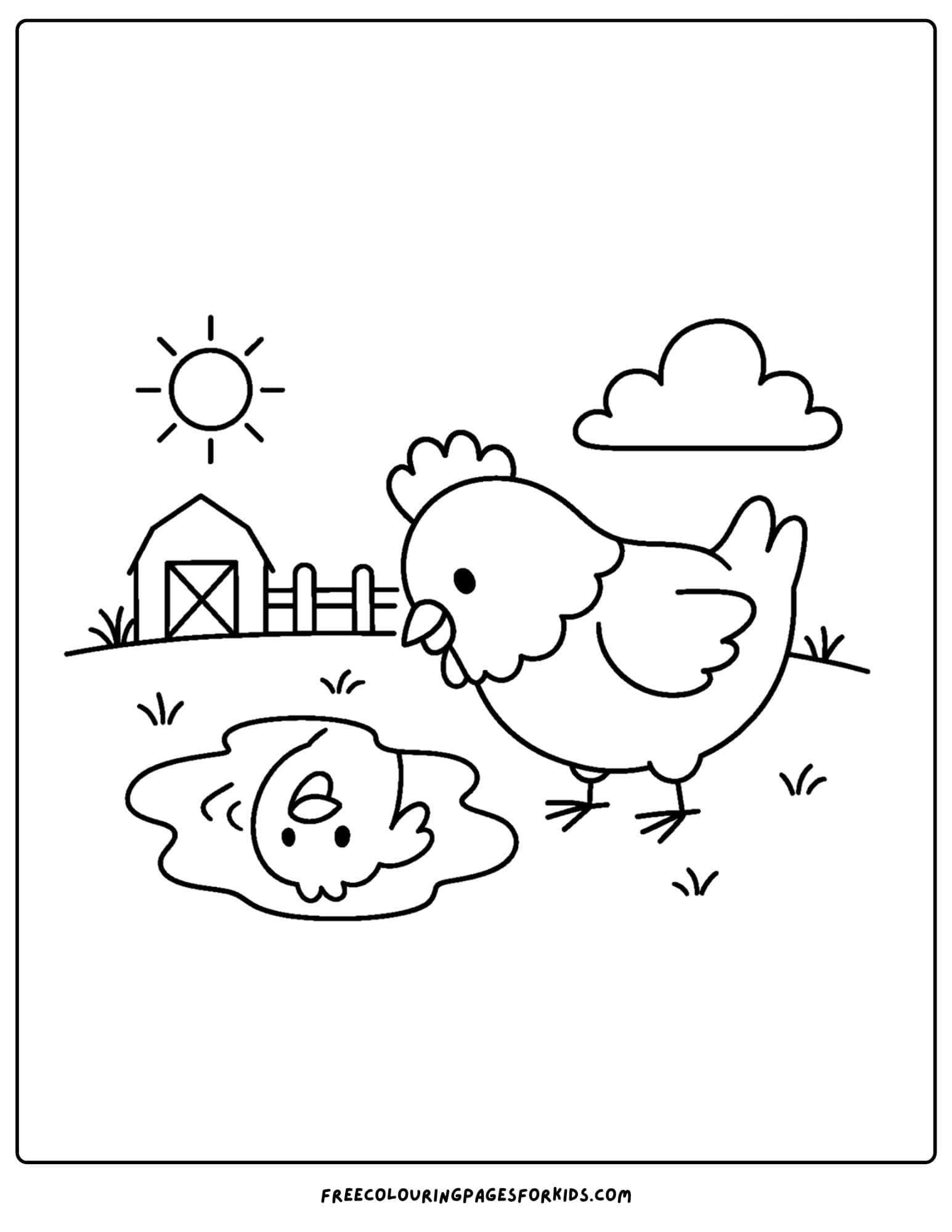 a coloring page of a chicken looking at its reflecting in a puddle