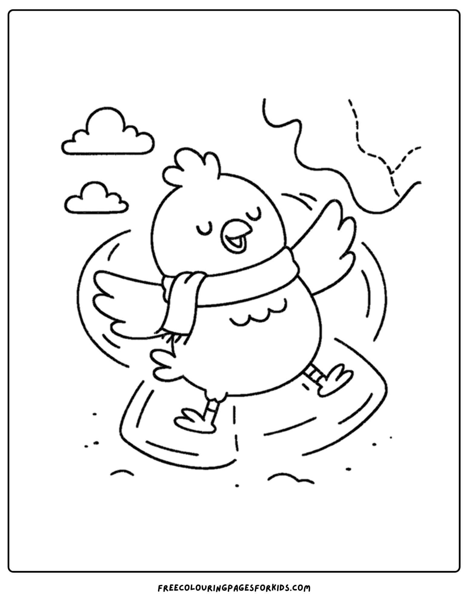 a coloring page of a chicken making a snow angel