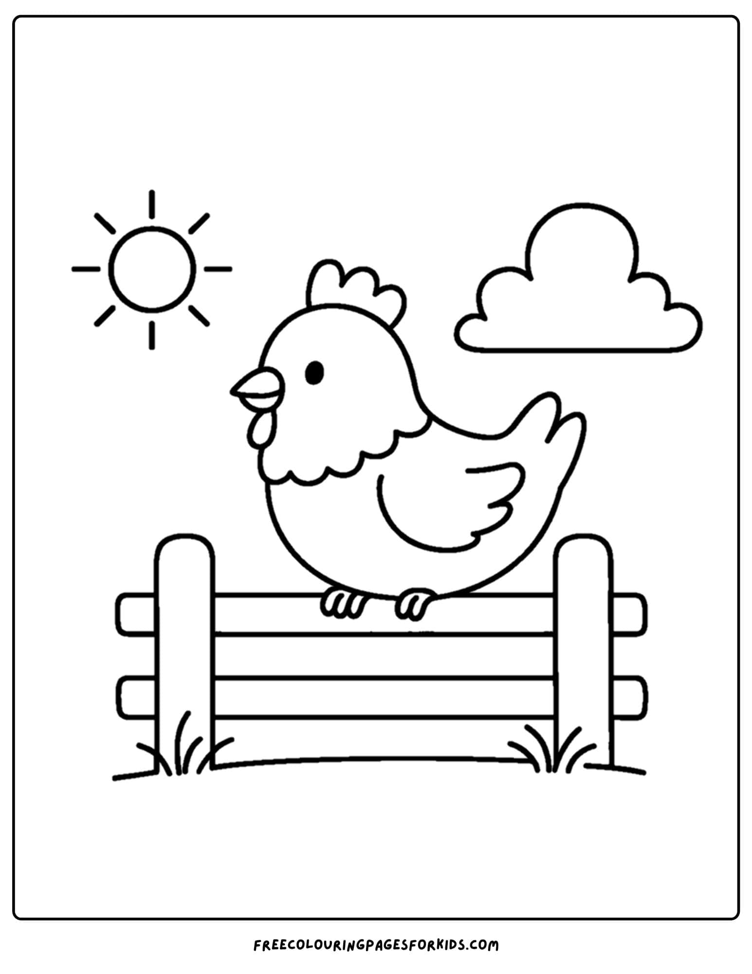 a coloring page of a chicken sitting on a fence