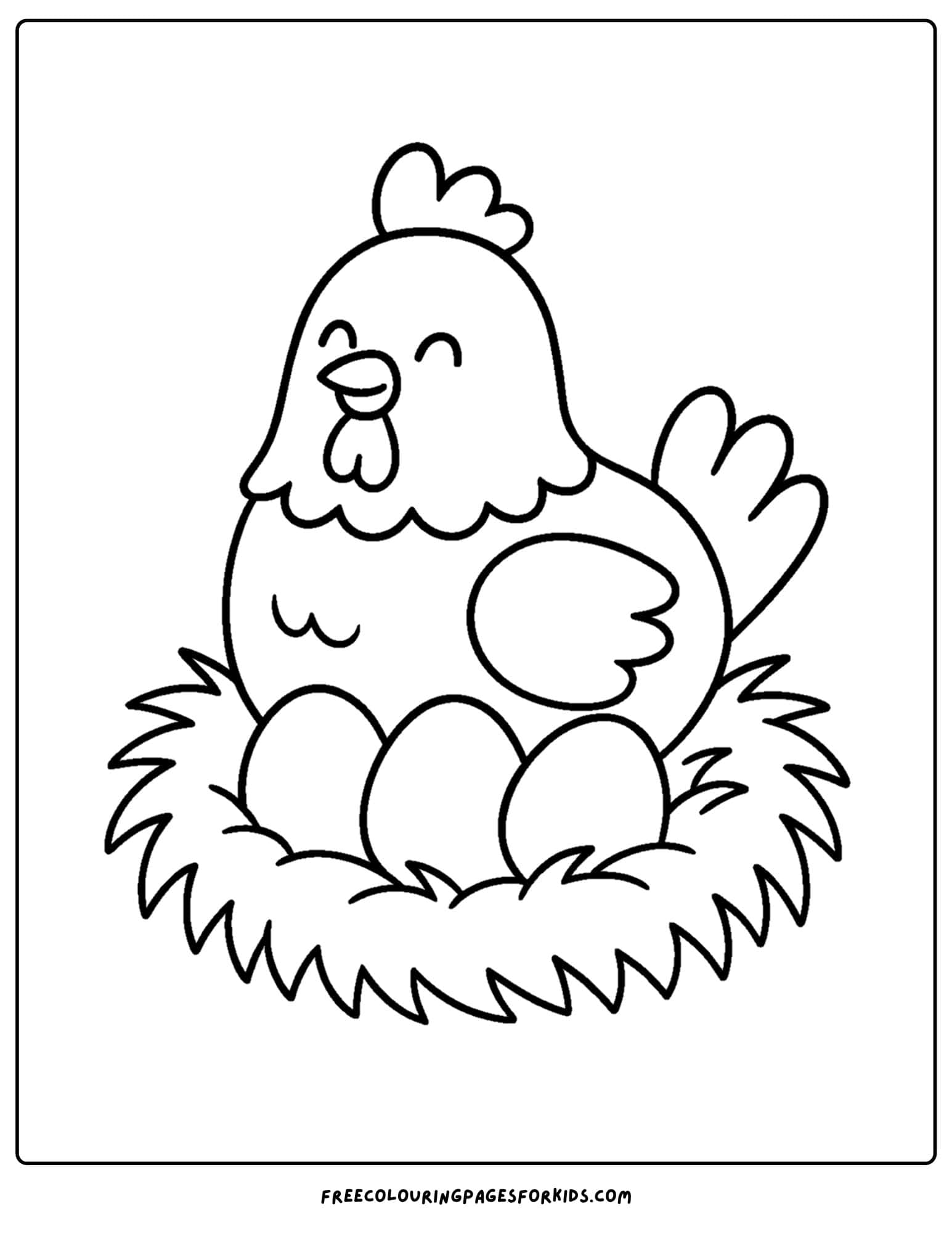 a coloring page of a chicken on a nest with eggs