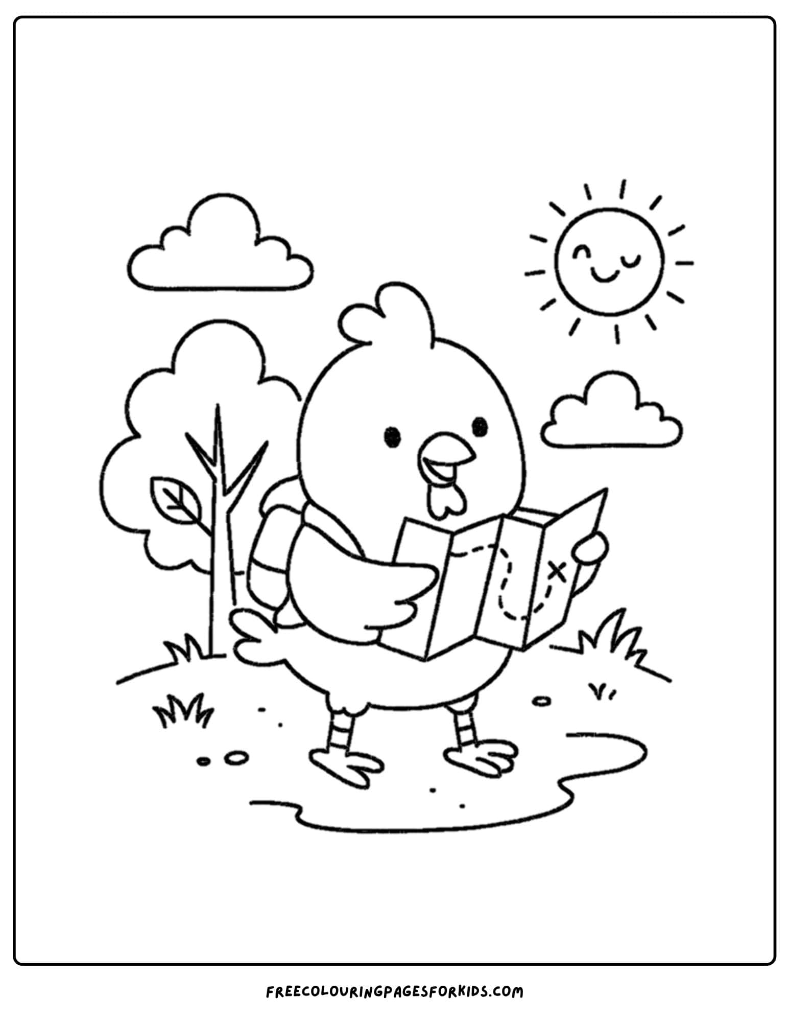a coloring page of a chicken off on an adventure