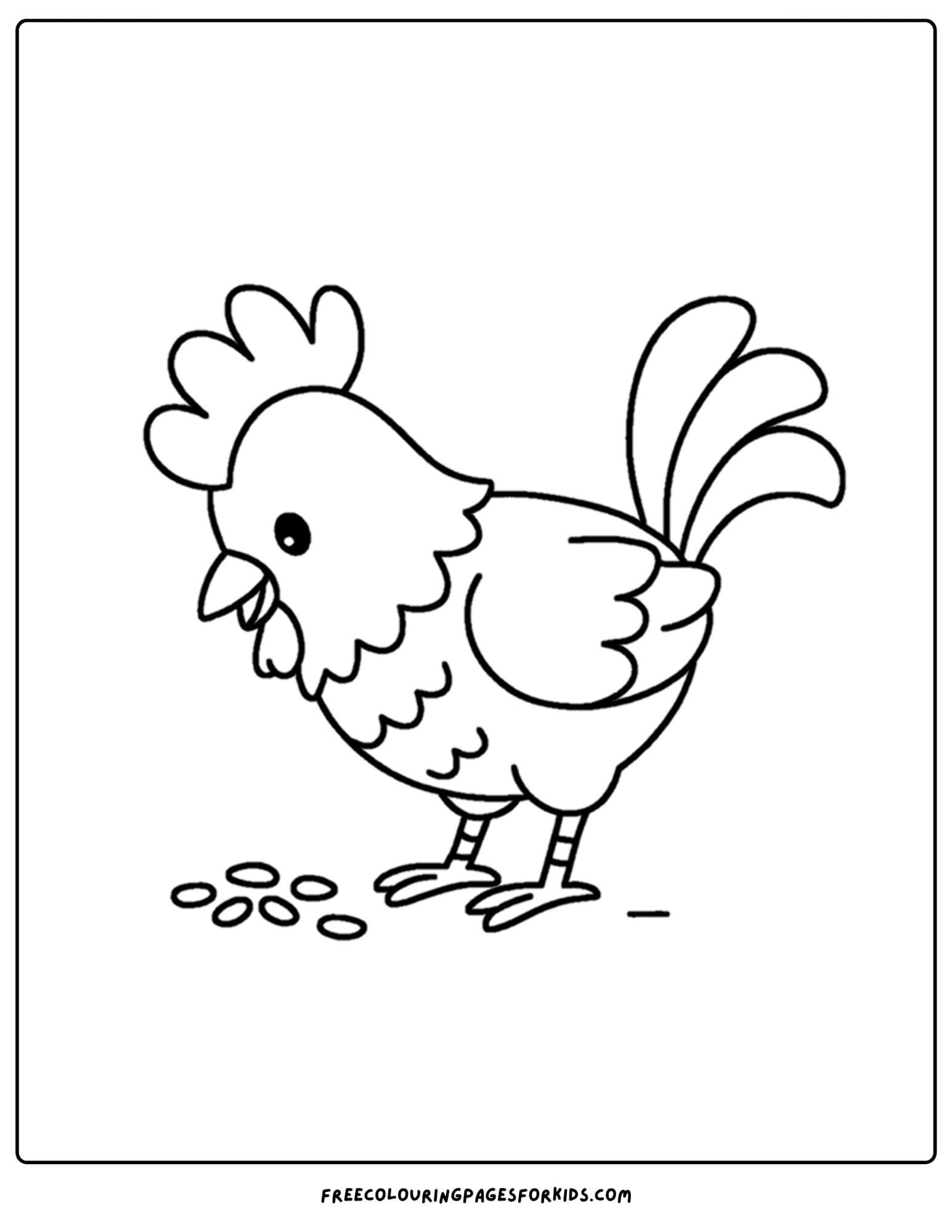 a coloring page of a chicken pecking at corn