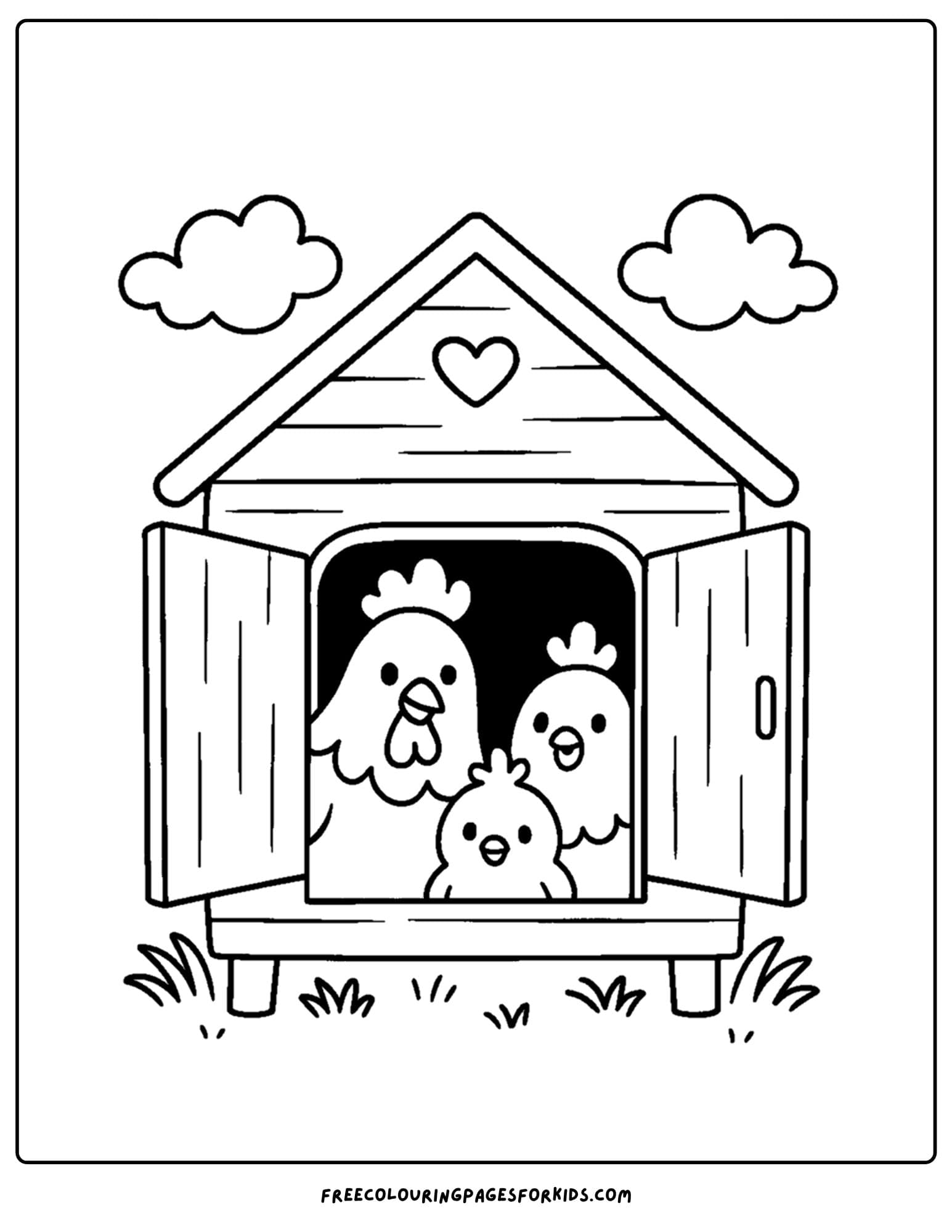a coloring page of chickens in a coop
