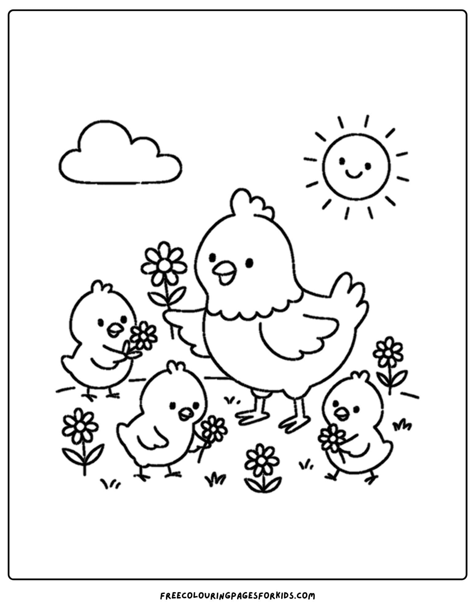 a coloring page of a chicken and chicks picking floweres