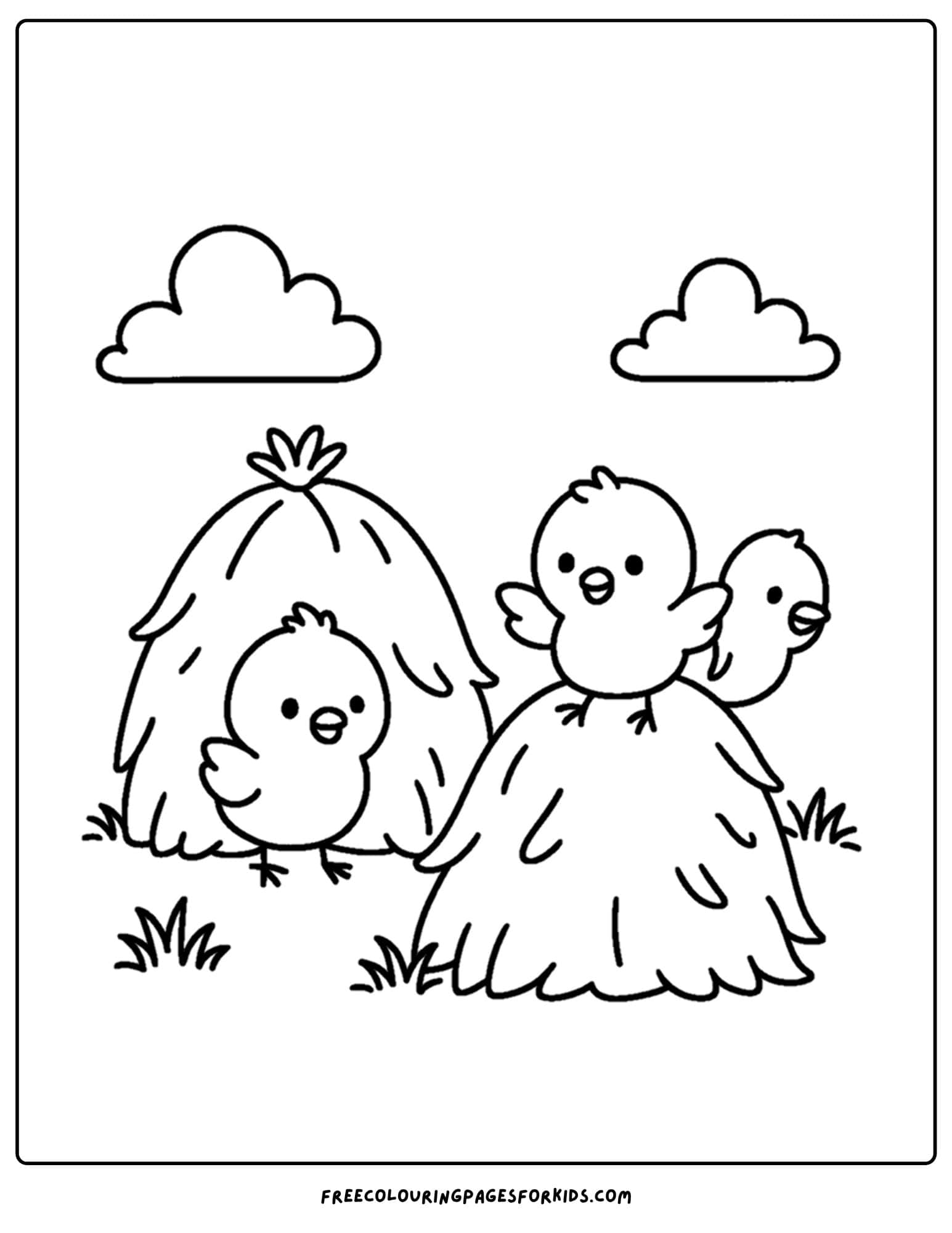 a coloring page of a chicken playing hide and seek in the hay