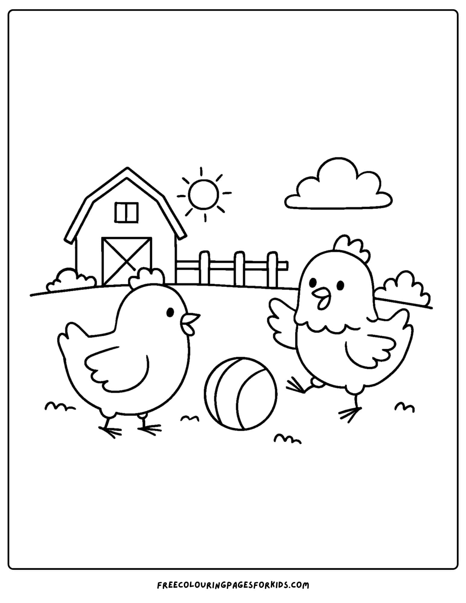 a coloring page of a chicken playing ball with another chicken