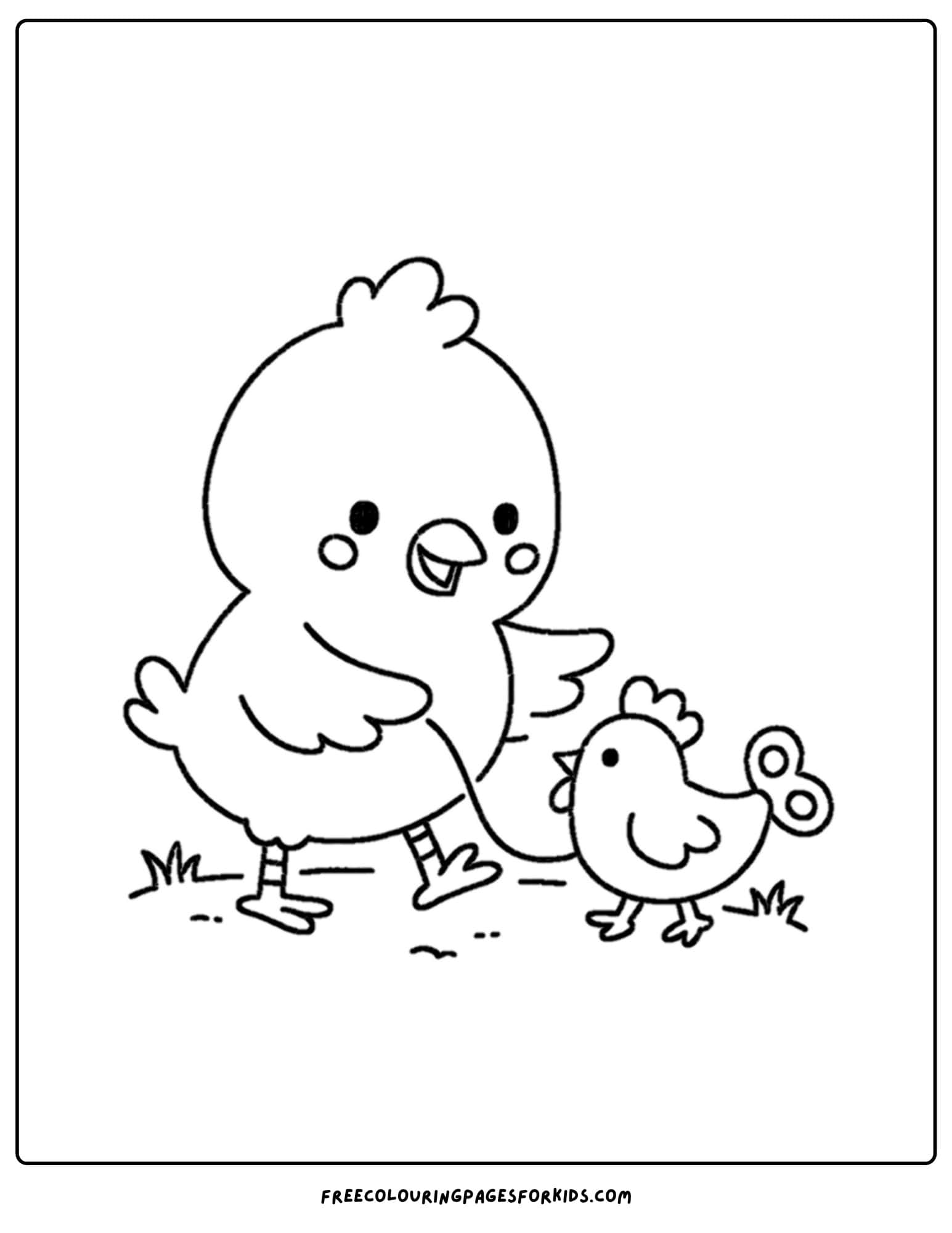 a coloring page of a chicken playing with a toy chicken