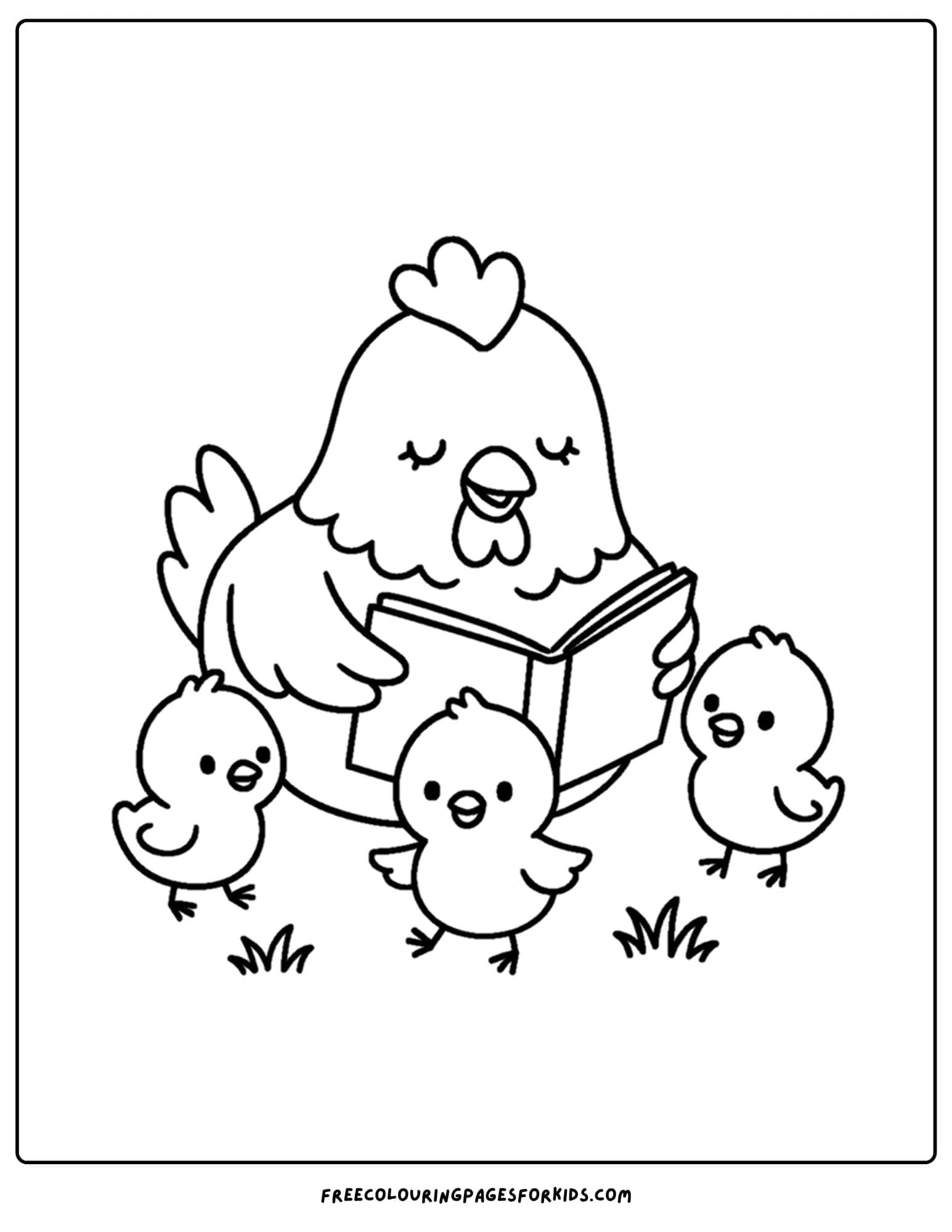 a coloring page of a chicken reading to some chicks