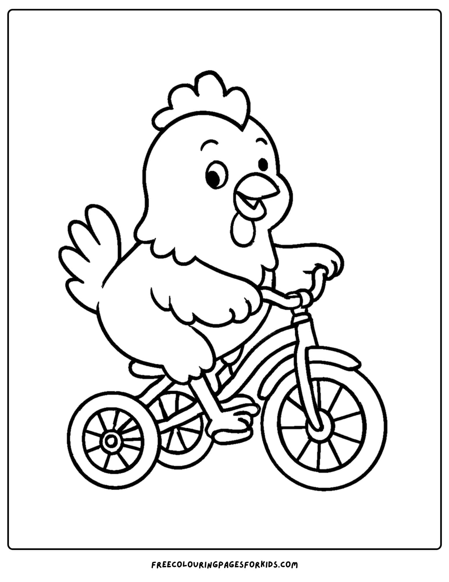 a coloring page of a chicken riding a tricycle