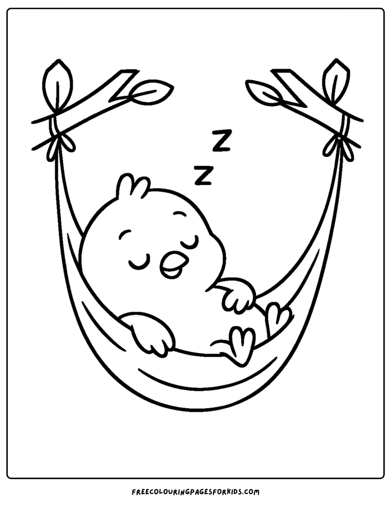 a coloring page of a chicken relaxing in a hammock