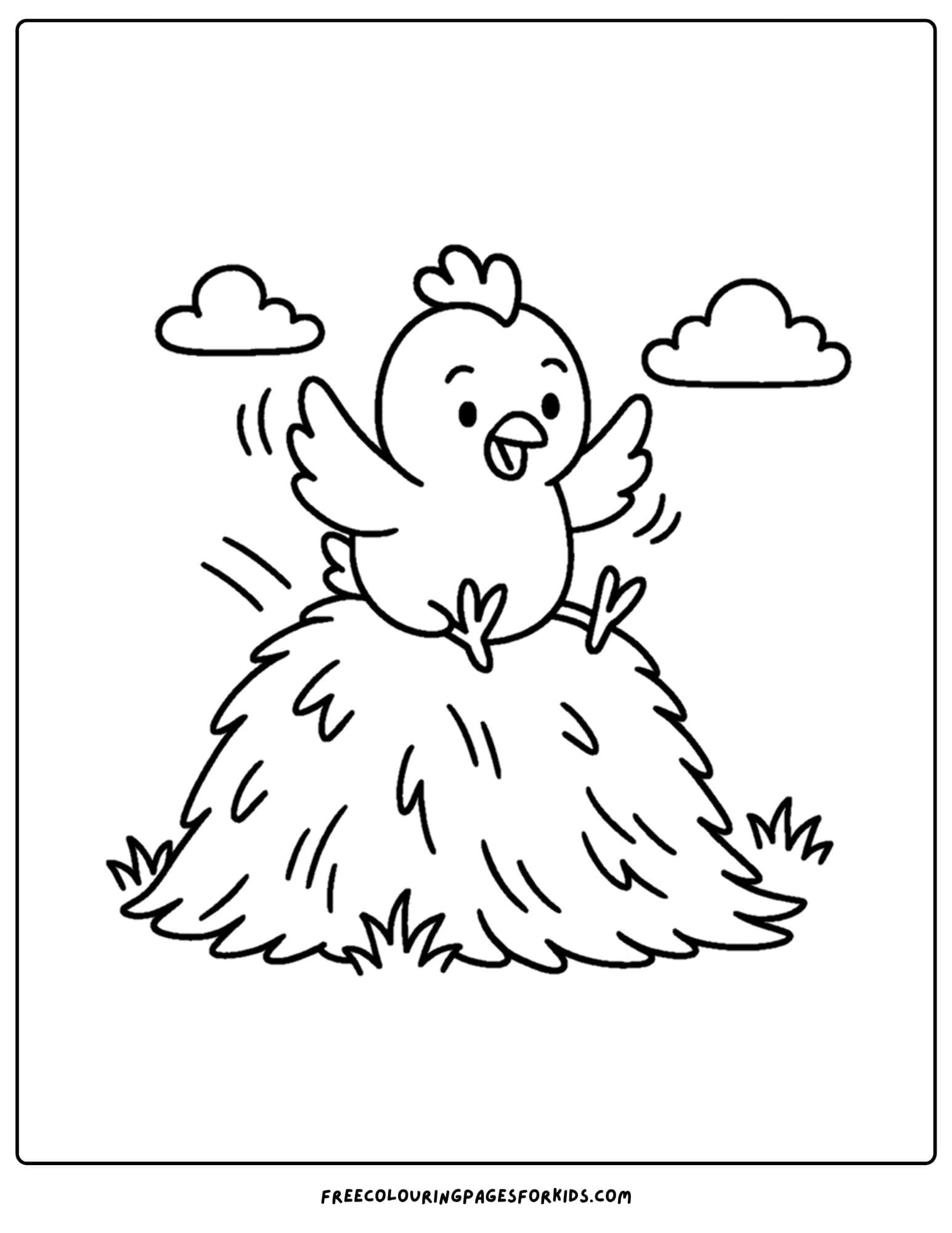 a coloring page of a chicken sliding down the side of a haystack