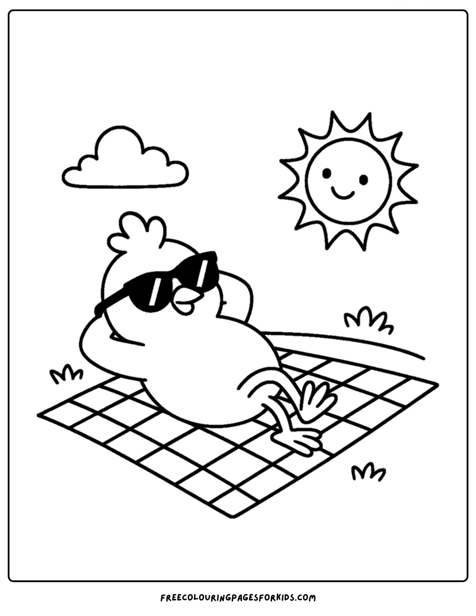 a coloring page of a chicken relaxing wearing sunglasses