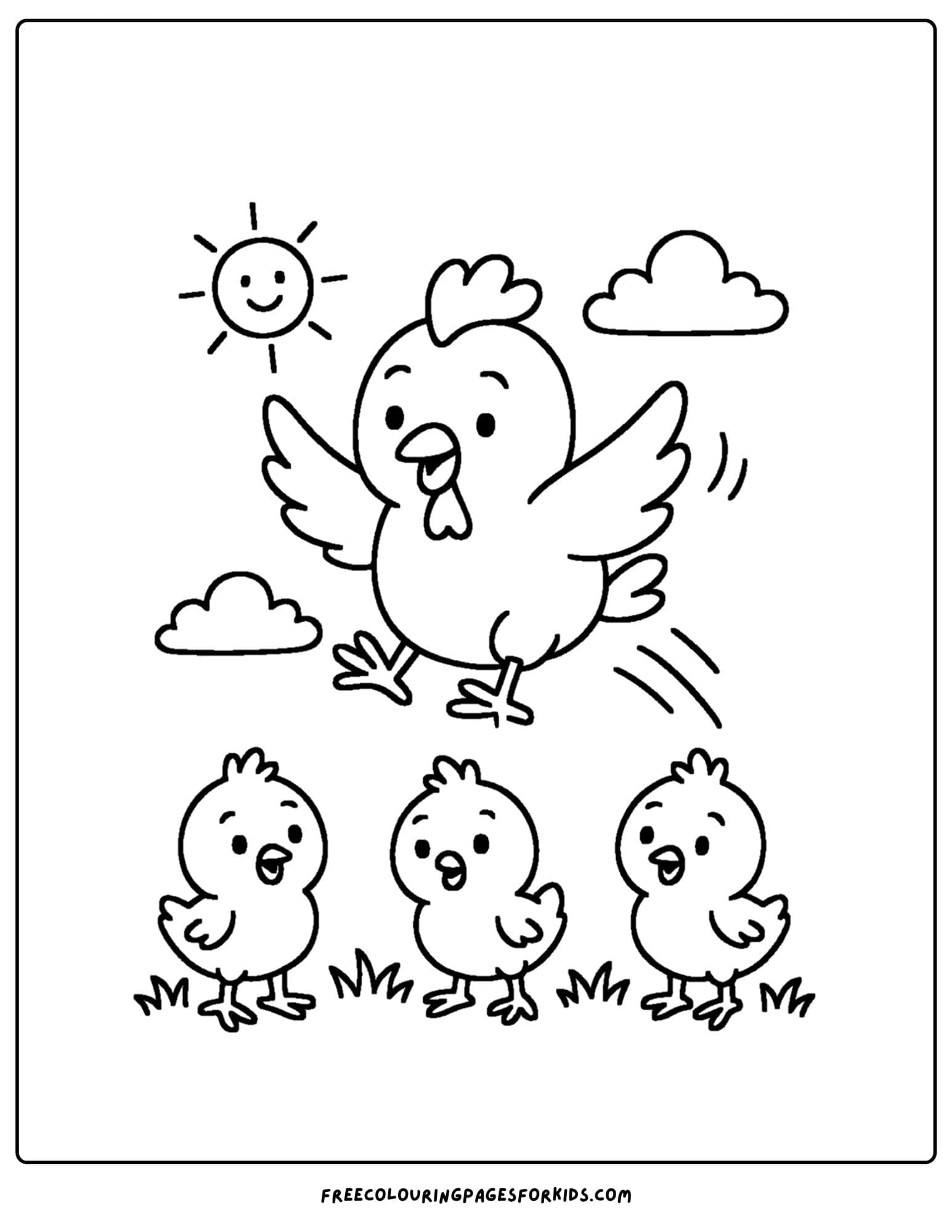 a coloring page of a chicken flying over its friends
