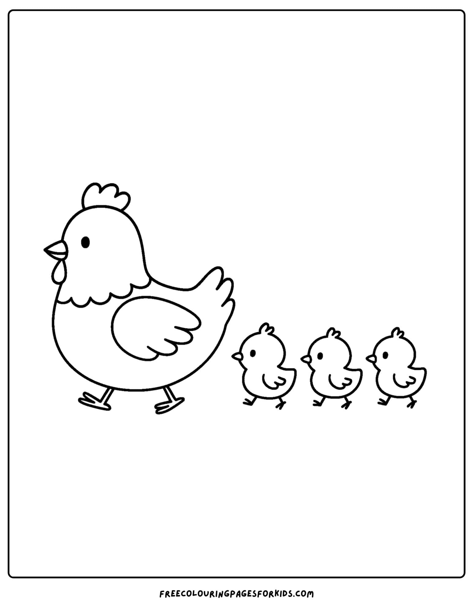 a coloring page of a chicken and its chicks walking together