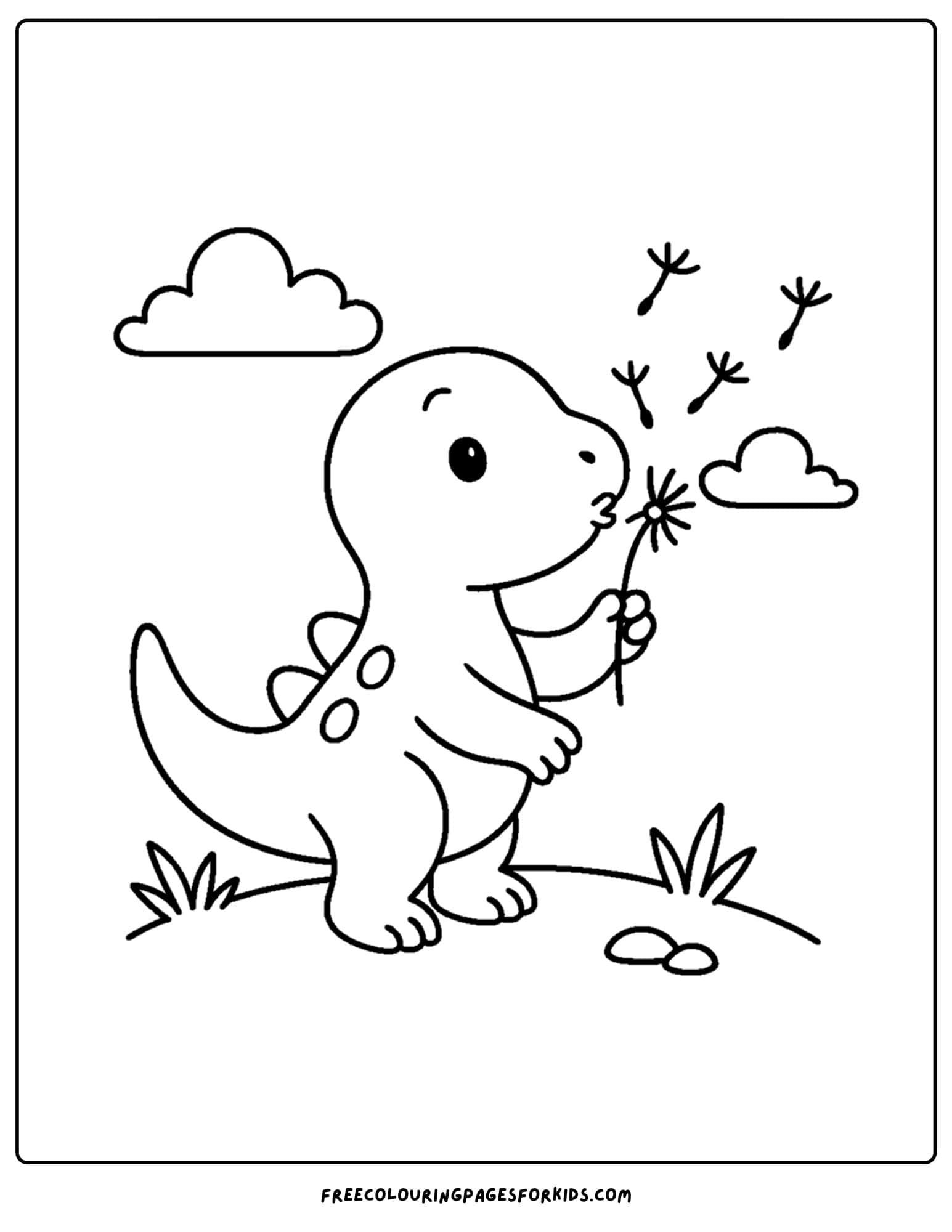 a dinosaur coloring page featuring a dinosaur blowing a dandelion