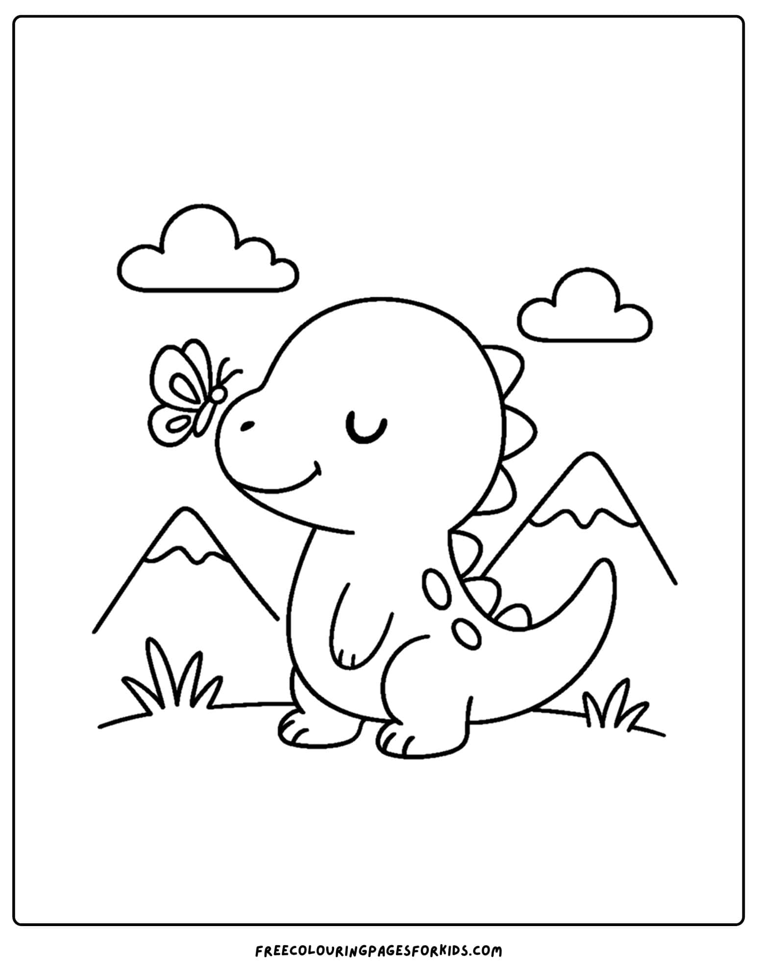 a dinosaur coloring page featuring a dinosaur with a butterfly on its nose