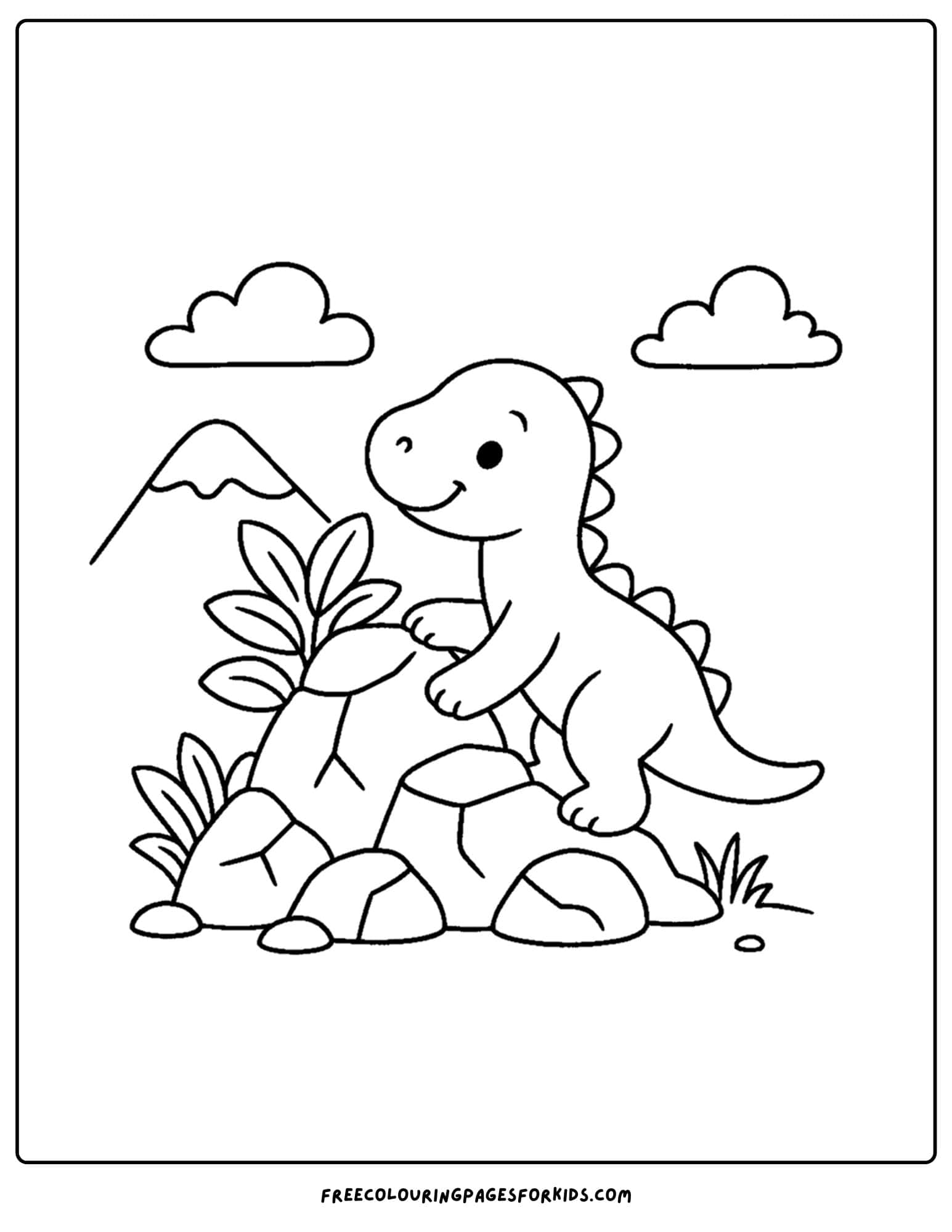 a dinosaur coloring page featuring a dinosaur climbing some rocks