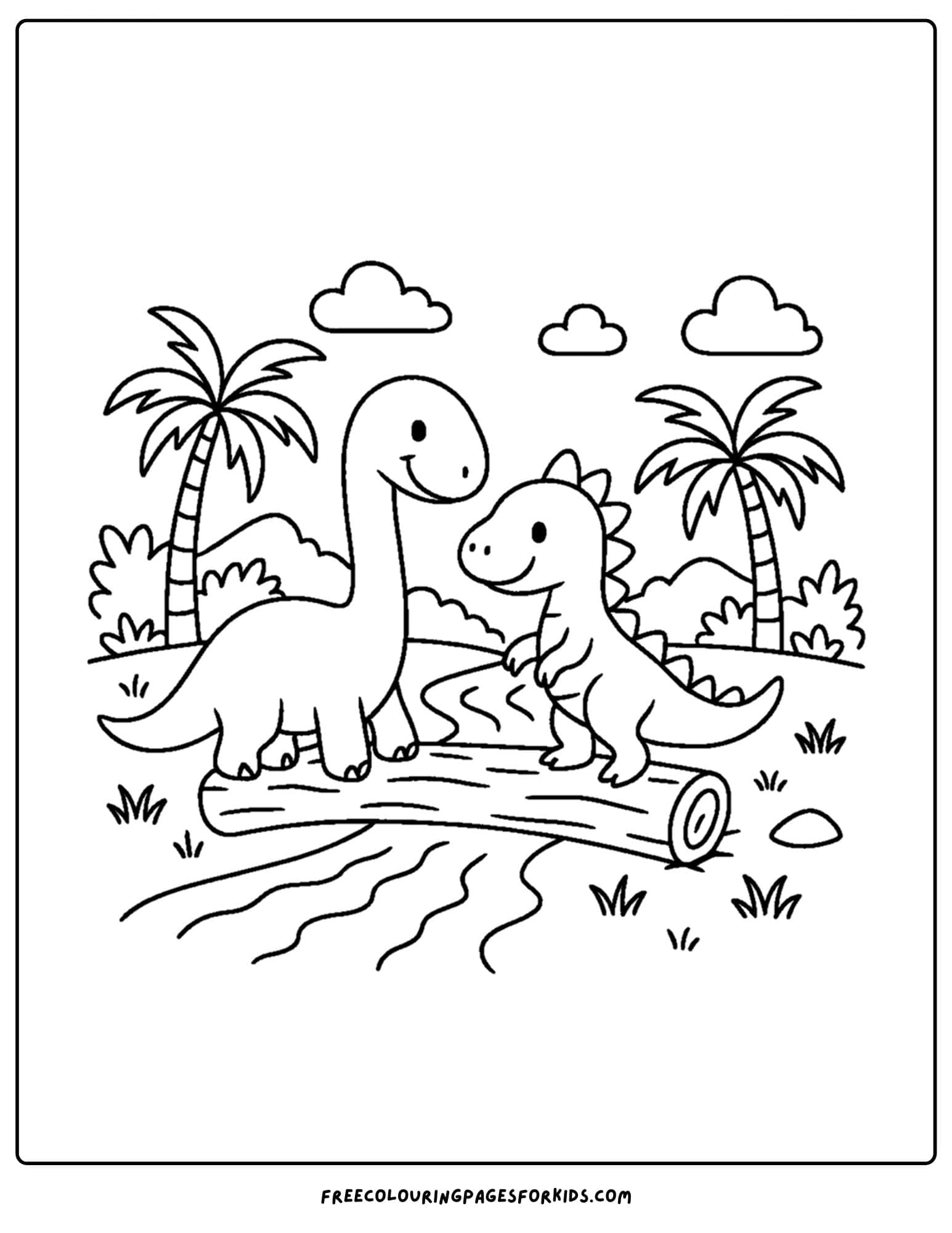 a dinosaur coloring page featuring a dinosaur crossing a log bridge