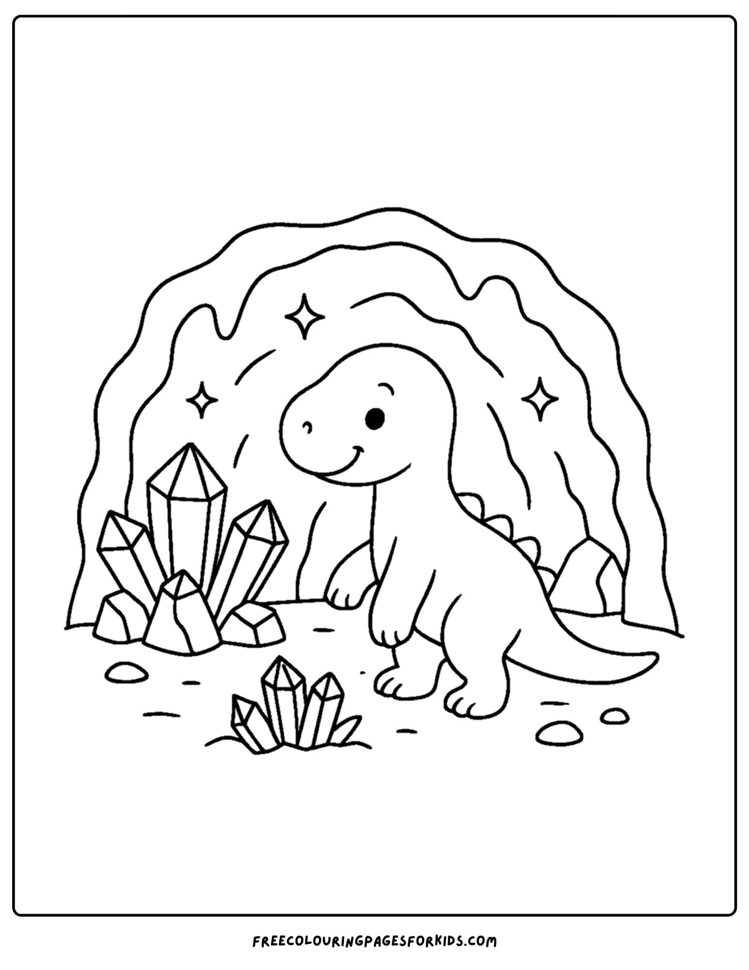 a dinosaur coloring page featuring a dinosaur exploring a cave