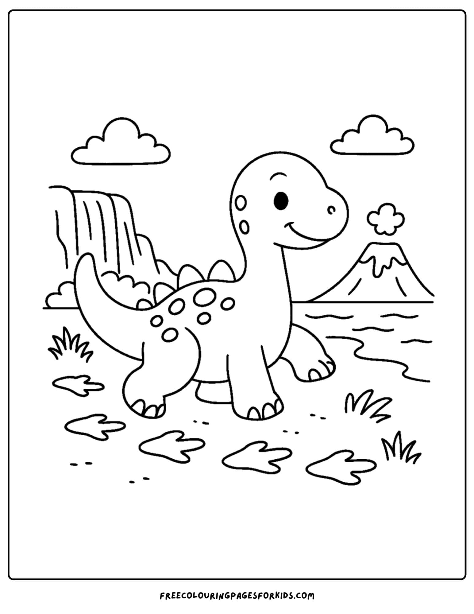 a dinosaur coloring page featuring a dinosaur leaving footprints