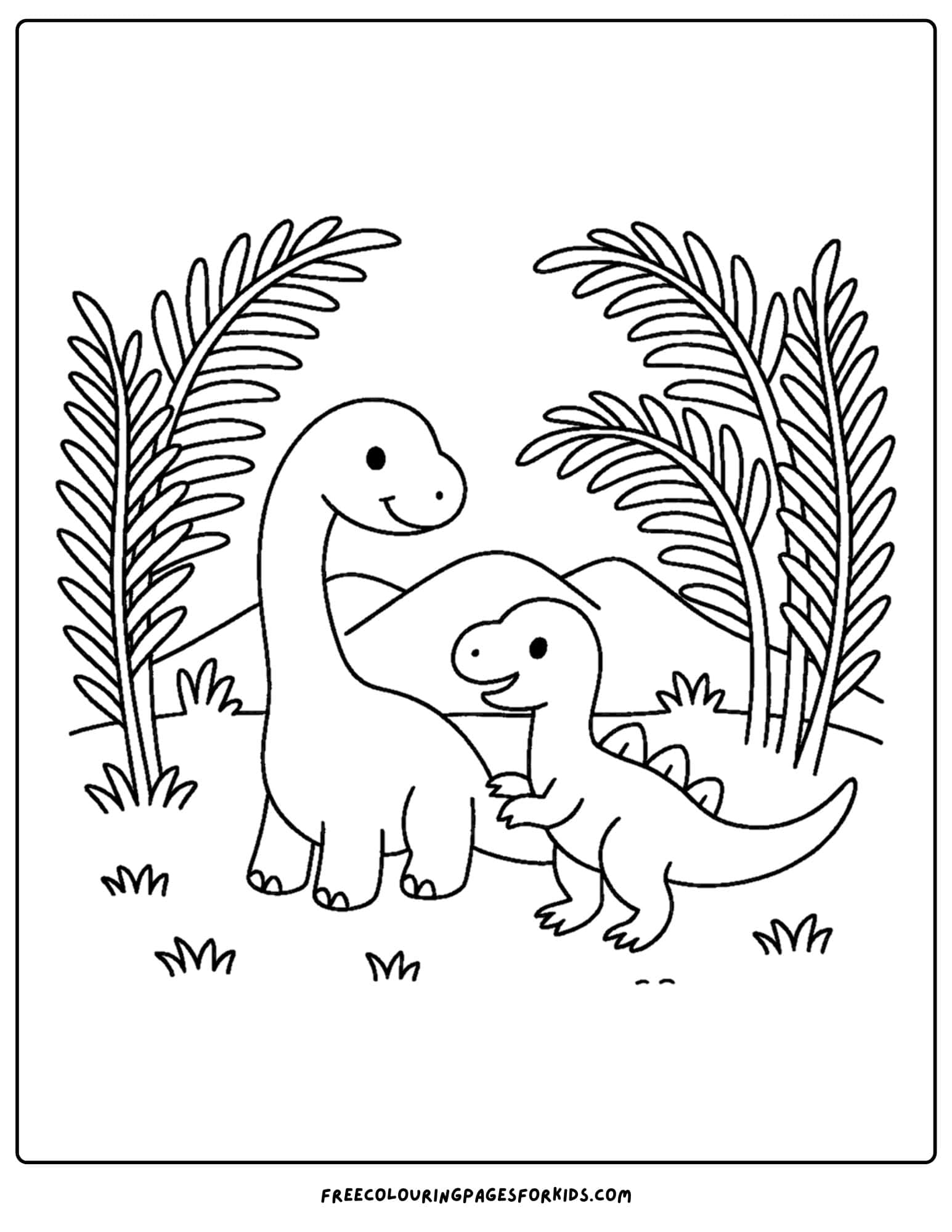 a dinosaur coloring page featuring dinosaurs in a valley of ferns