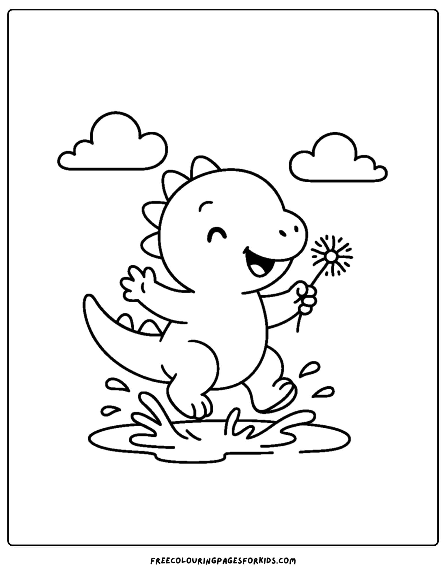 a dinosaur coloring page featuring a dinosaur jumping in a puddle