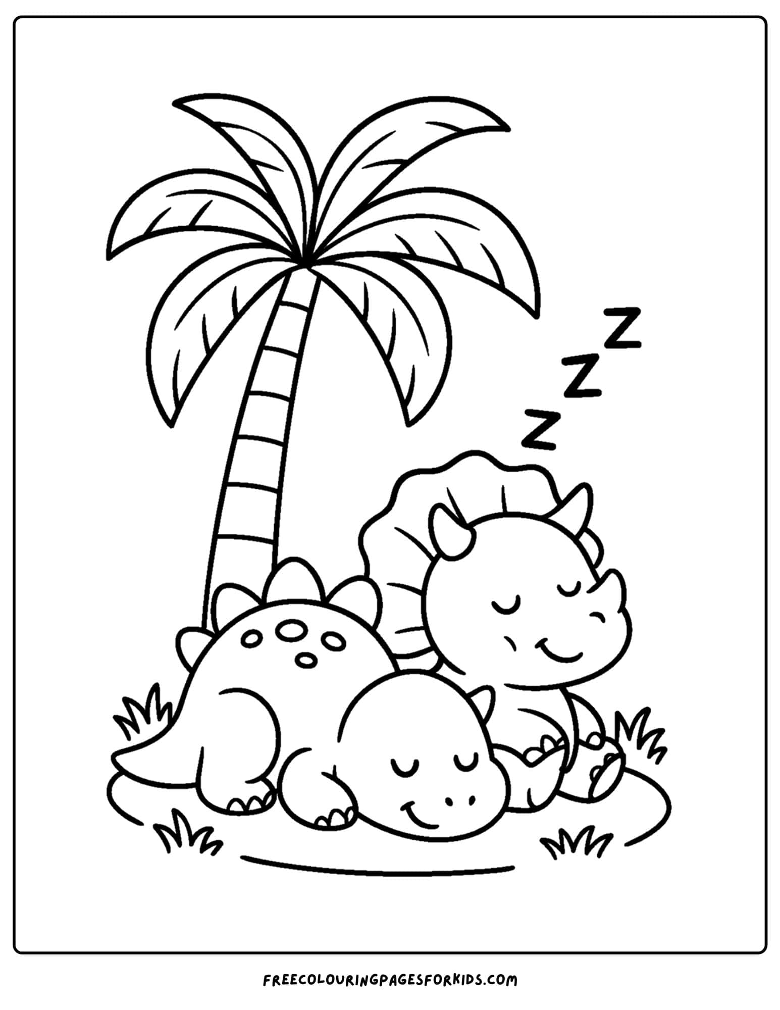 a dinosaur coloring page featuring dinosaurs napping under a palm tree