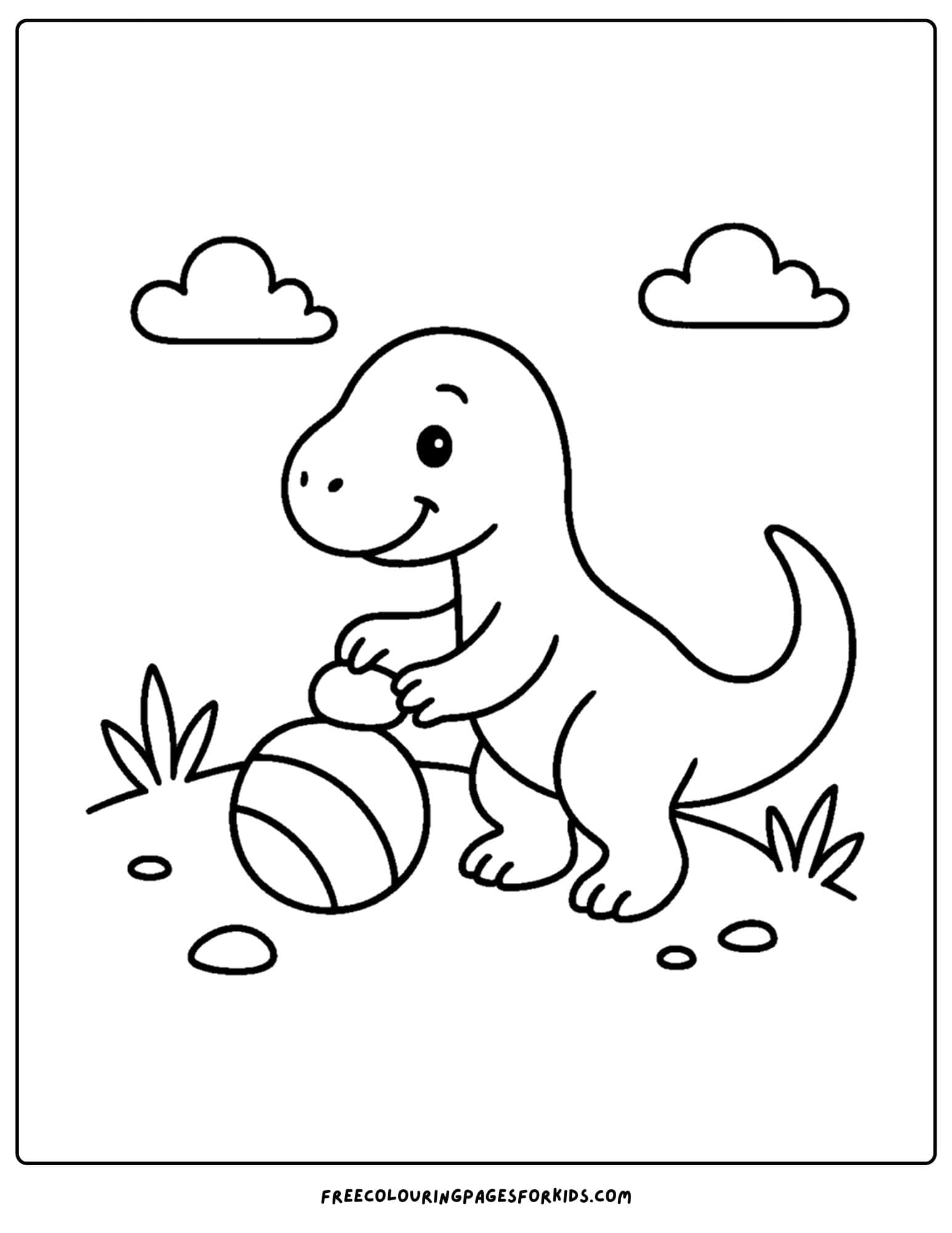 a dinosaur coloring page featuring a dinosaur playing with a ball