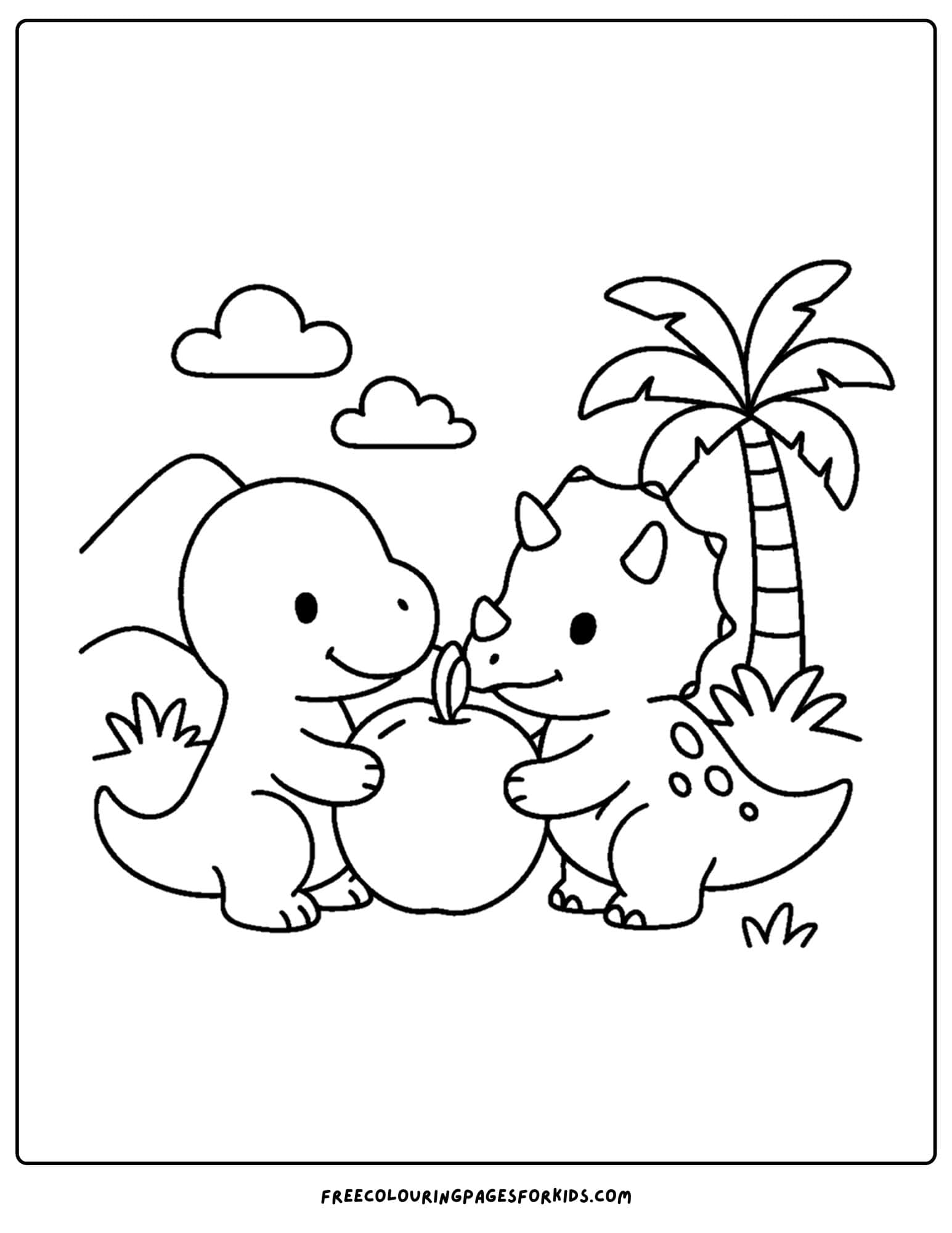 a dinosaur coloring page featuring dinosaurs eating fruit