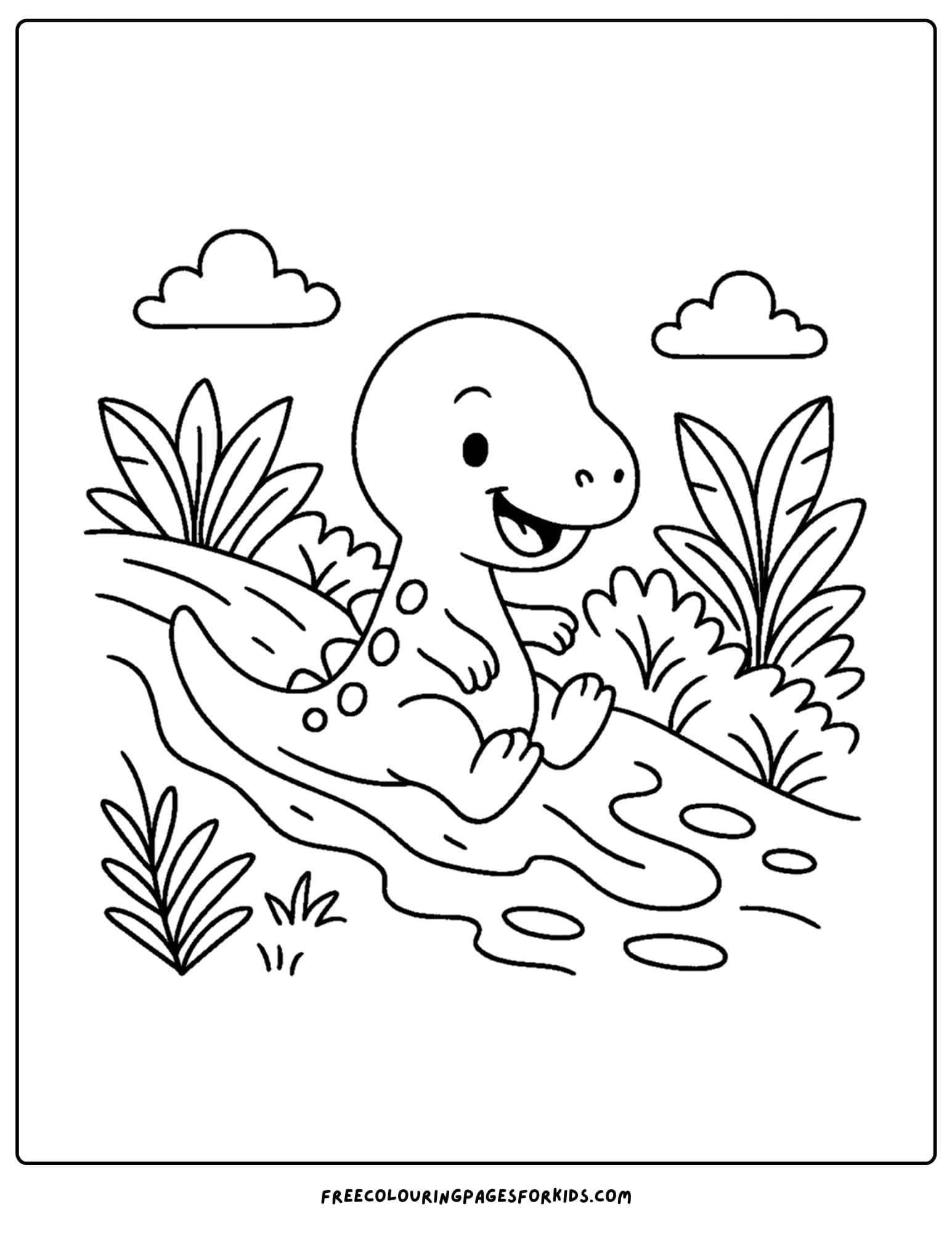 a dinosaur coloring page featuring a dinosaur sliding down a hill