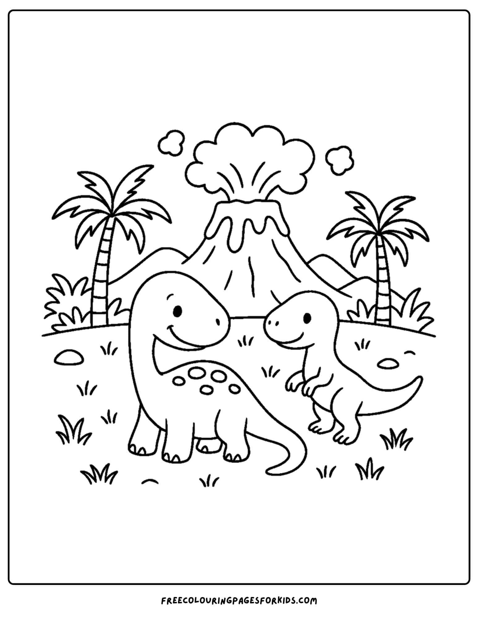 a dinosaur coloring page featuring some dinosaurs near a volcano