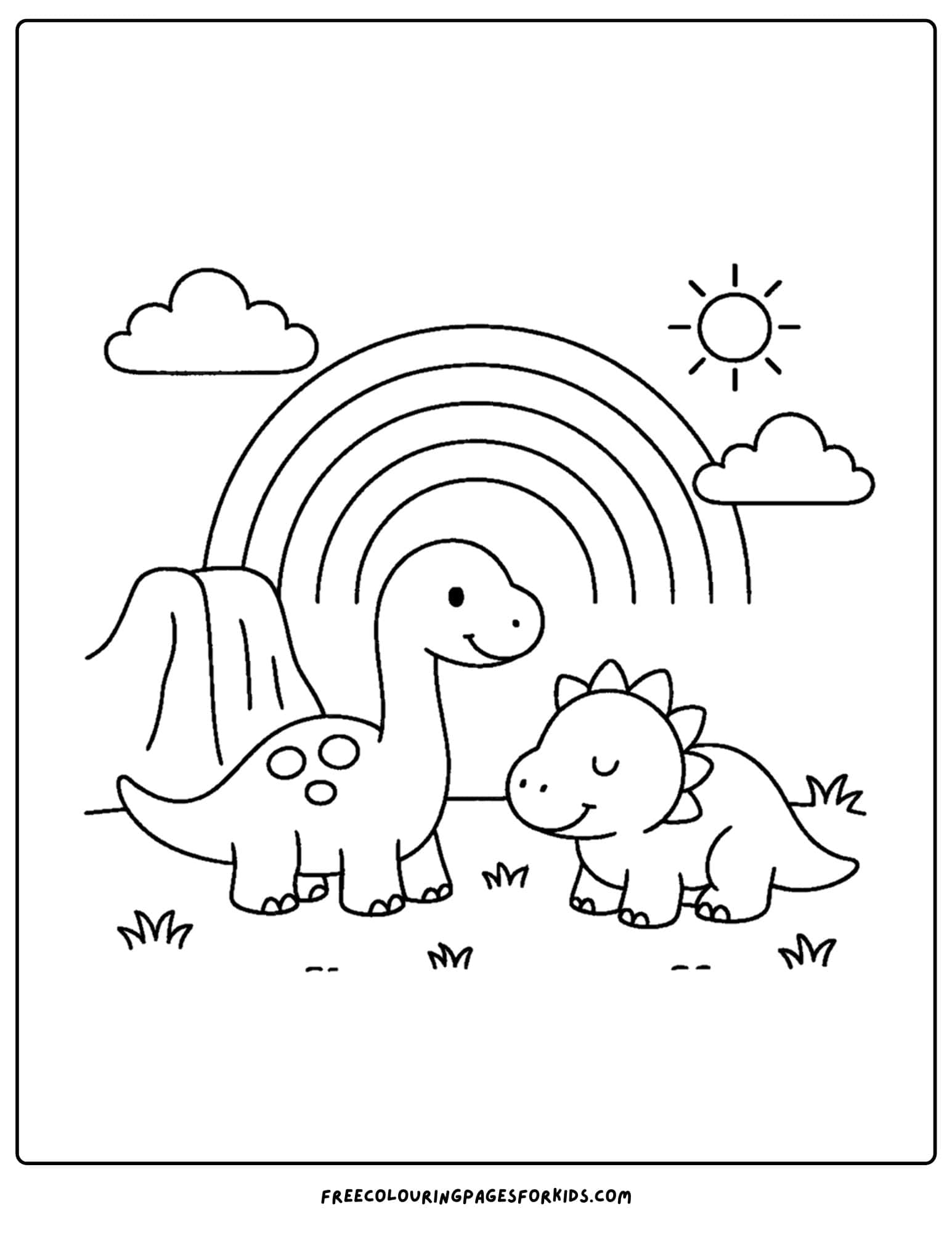 a dinosaur coloring page featuring dinosaurs under a rainbow sky