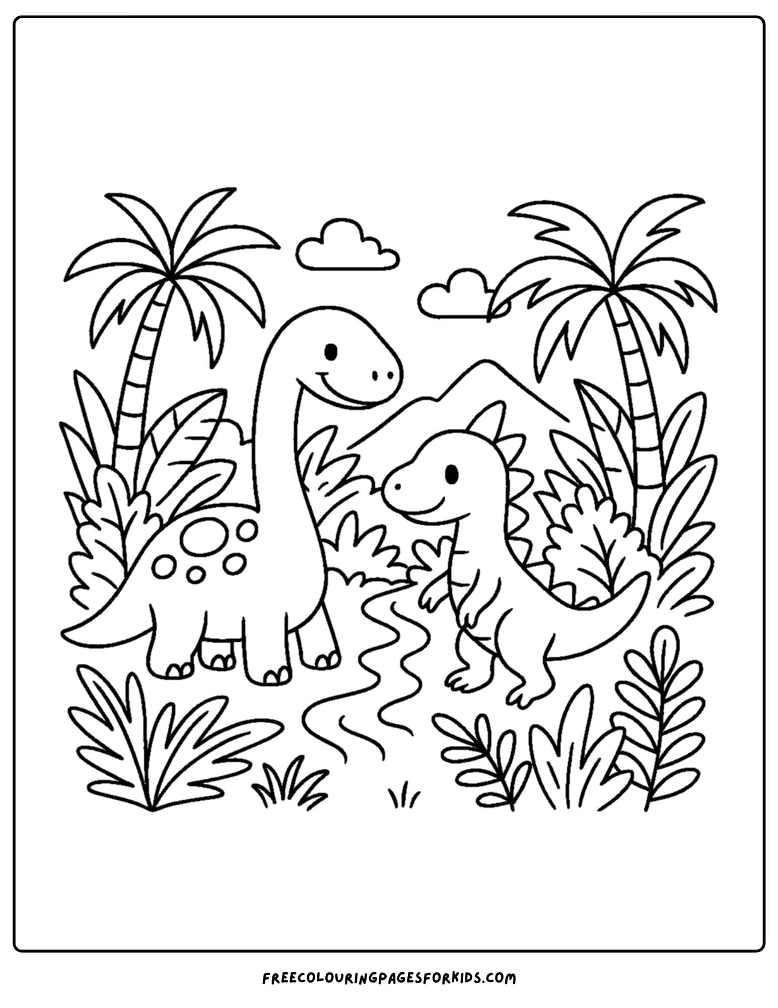 a dinosaur coloring page featuring dinosaurs walking through a jungle