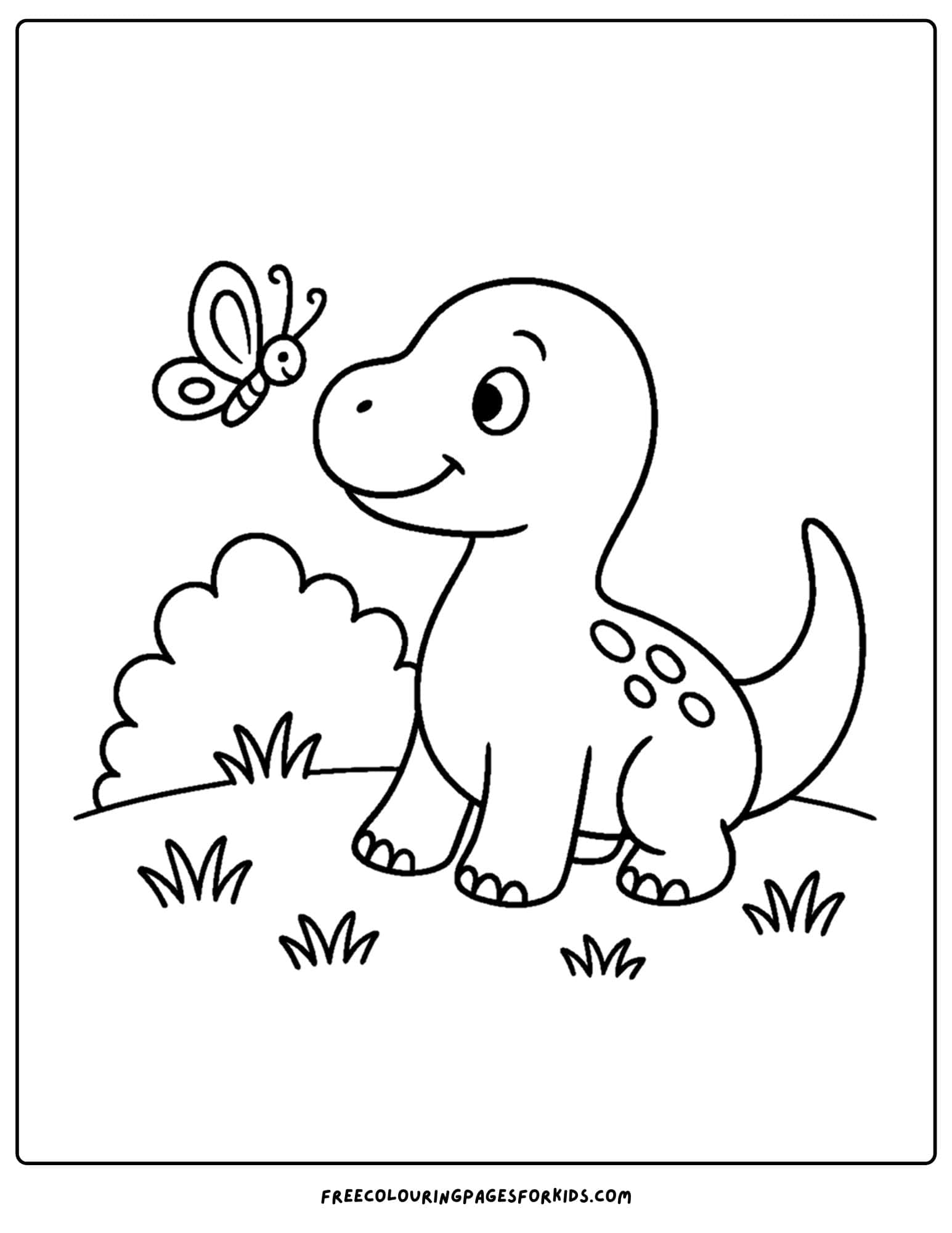 a dinosaur coloring page featuring a dinosaur looking at a butterfly