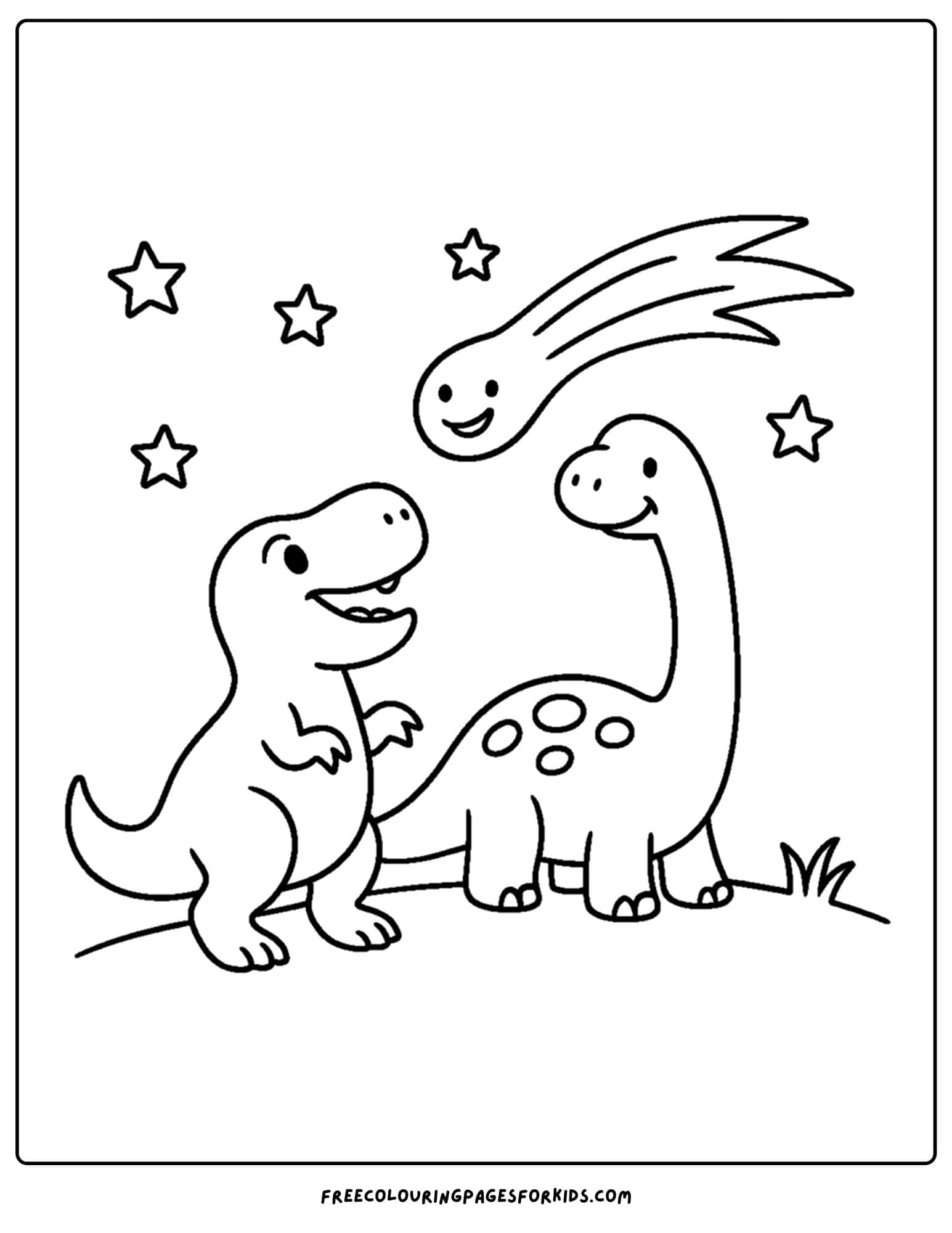 a dinosaur coloring page featuring dinosaurs watching a meteor in the sky