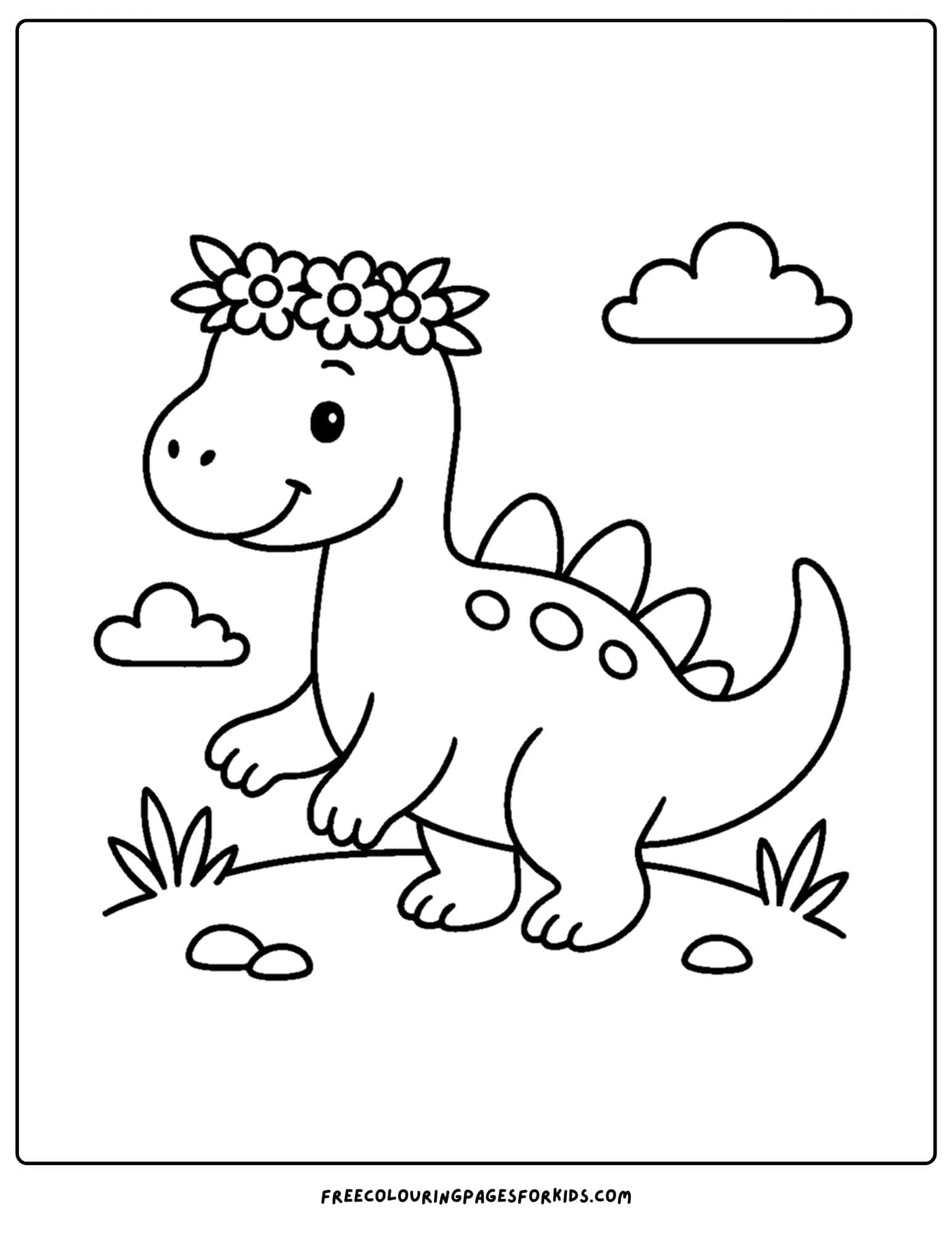 a dinosaur coloring page featuring a dinosaur wearing a flower crown