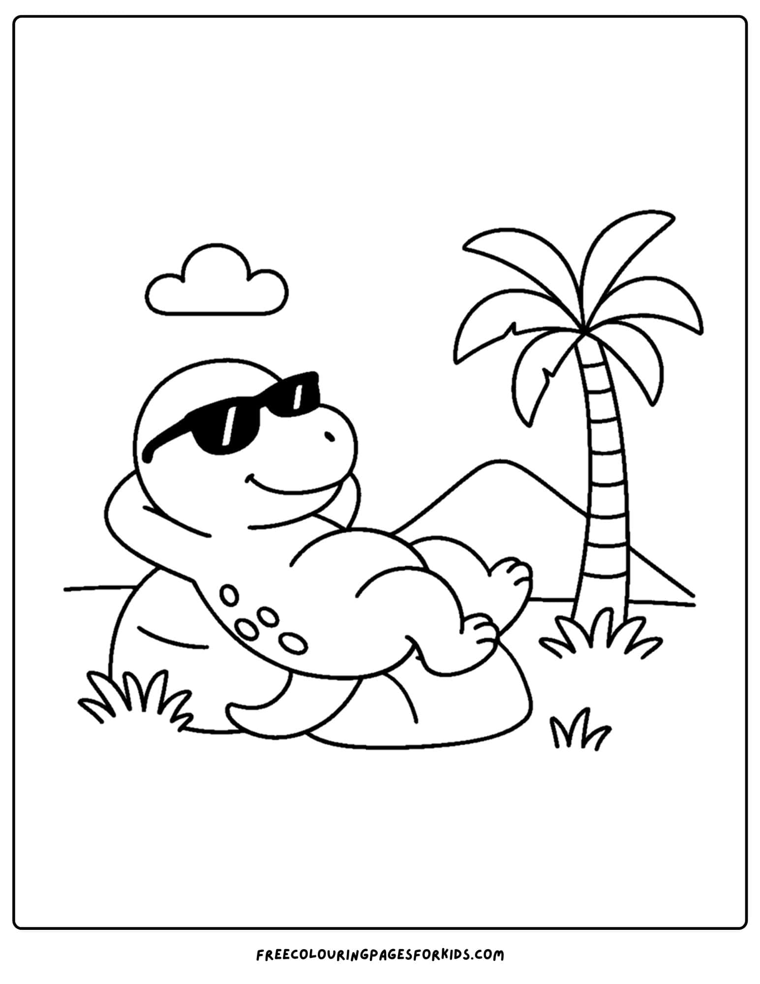 a dinosaur coloring page featuring a dinosaur relaxing on a rock wearing sunglasses