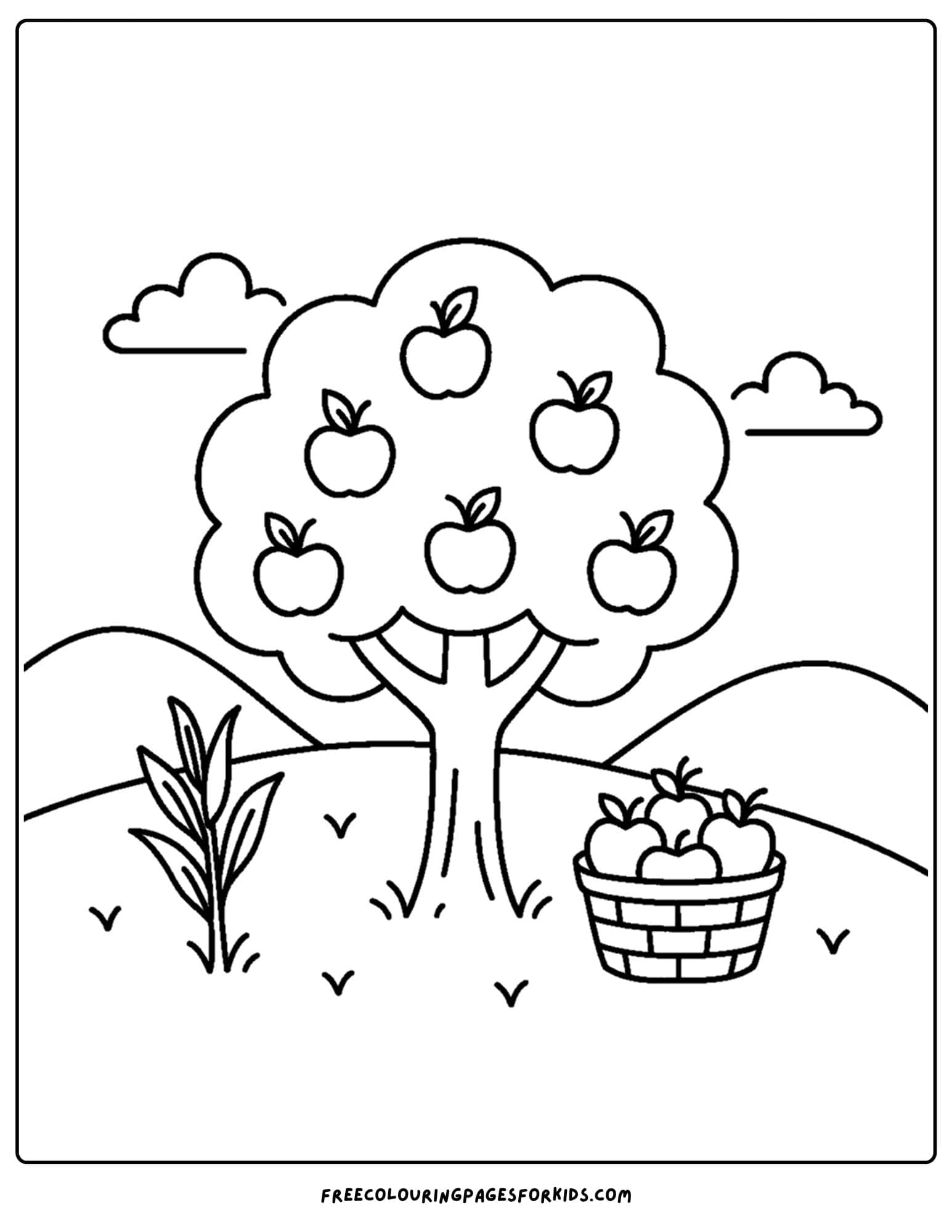 a farm coloring page featuring an apple tree with basket of apples below it