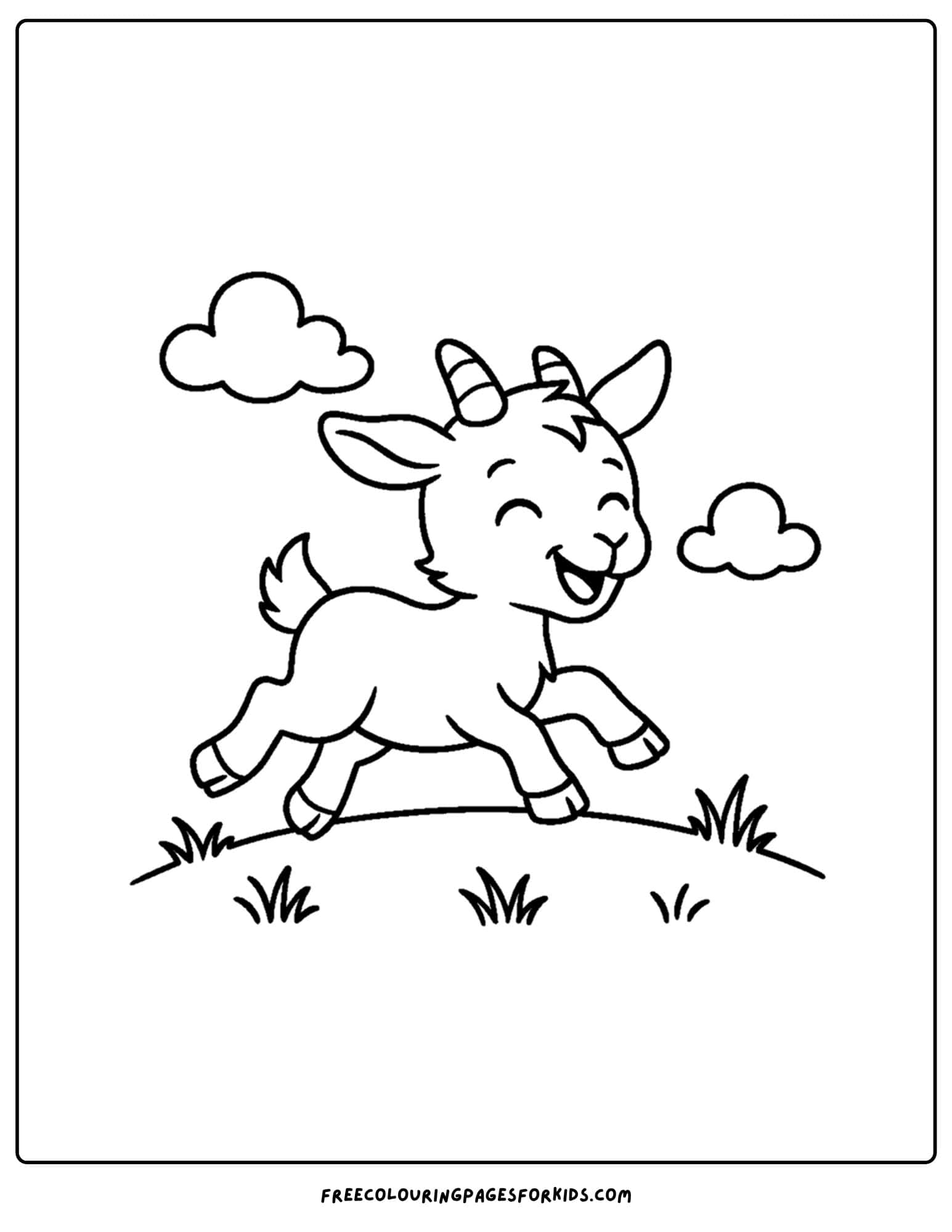 a farm coloring page featuring a baby goat jumping around