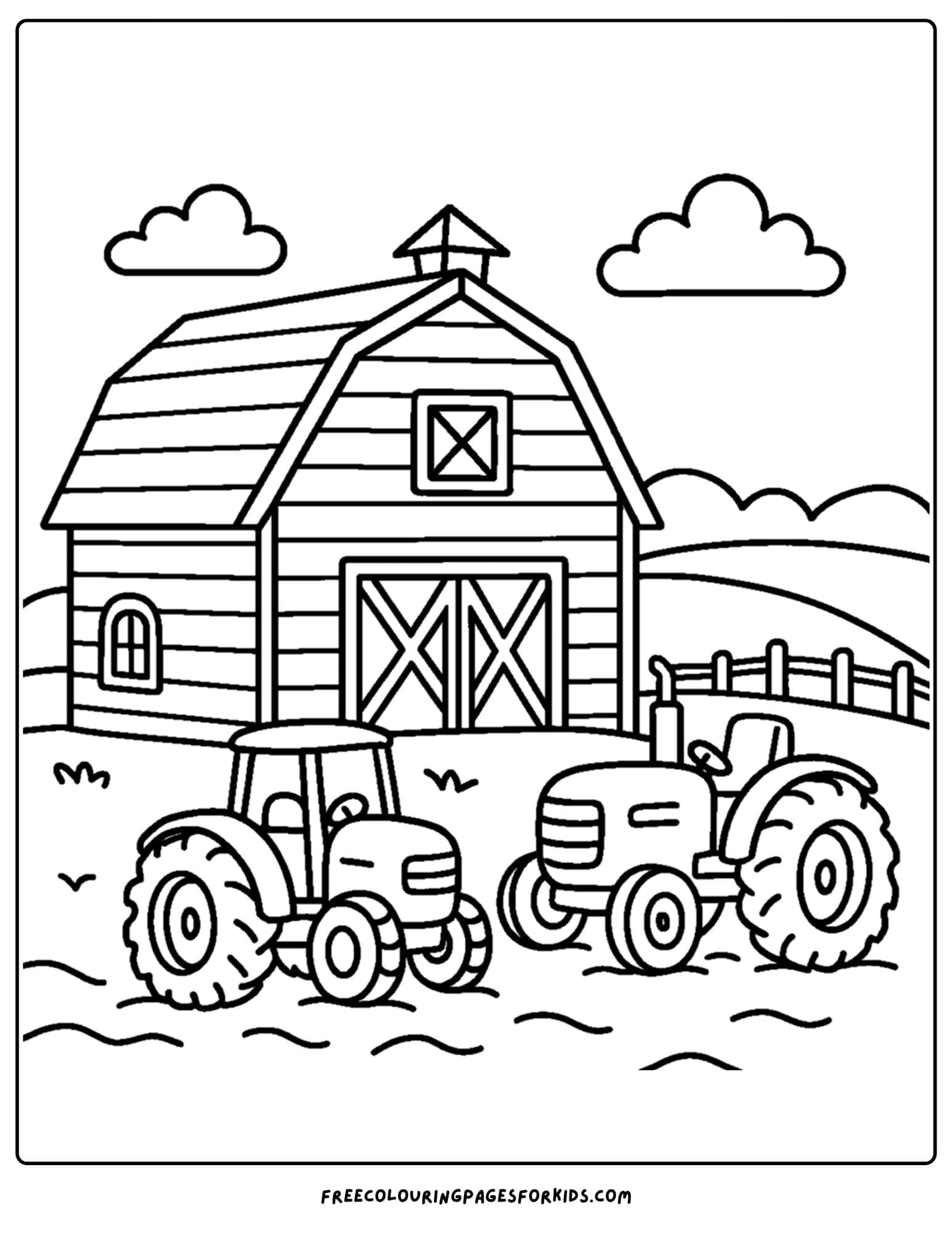 a farm coloring page featuring a barn with tractors in front of it