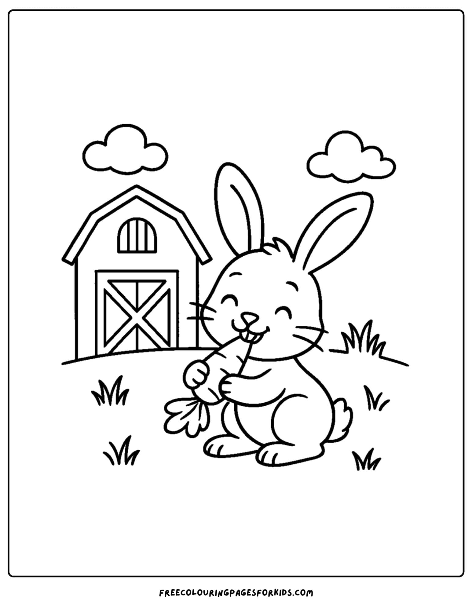 a farm coloring page featuring a rabbit eating a carrot in front of a barn
