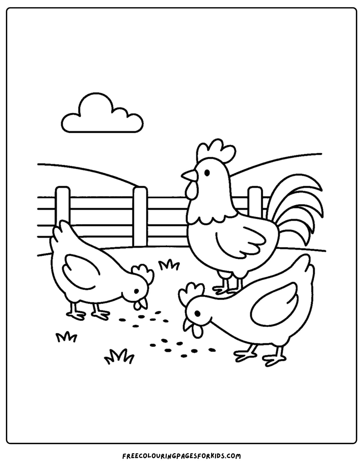 a farm coloring page featuring chickens in a field eating seeds