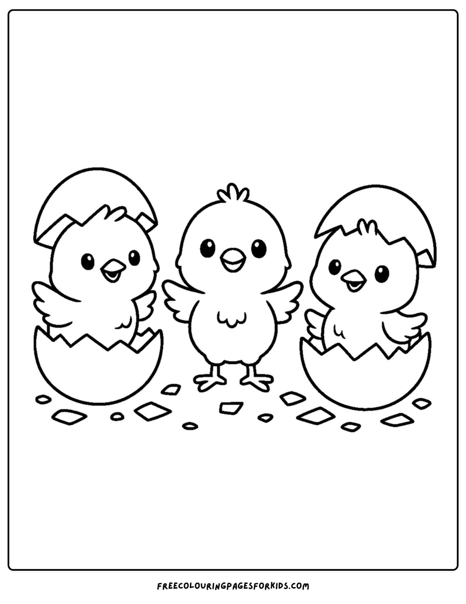 a farm coloring page featuring chickens hatching from their eggs