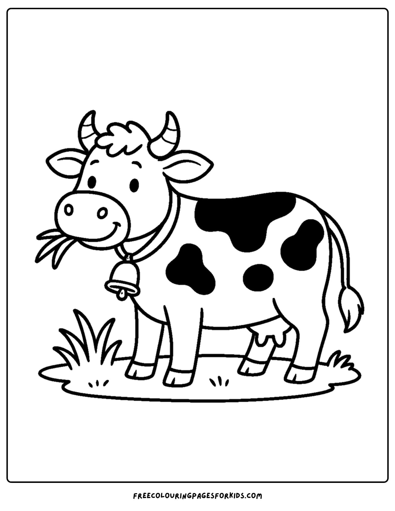 a farm coloring page featuring a cow eating grass