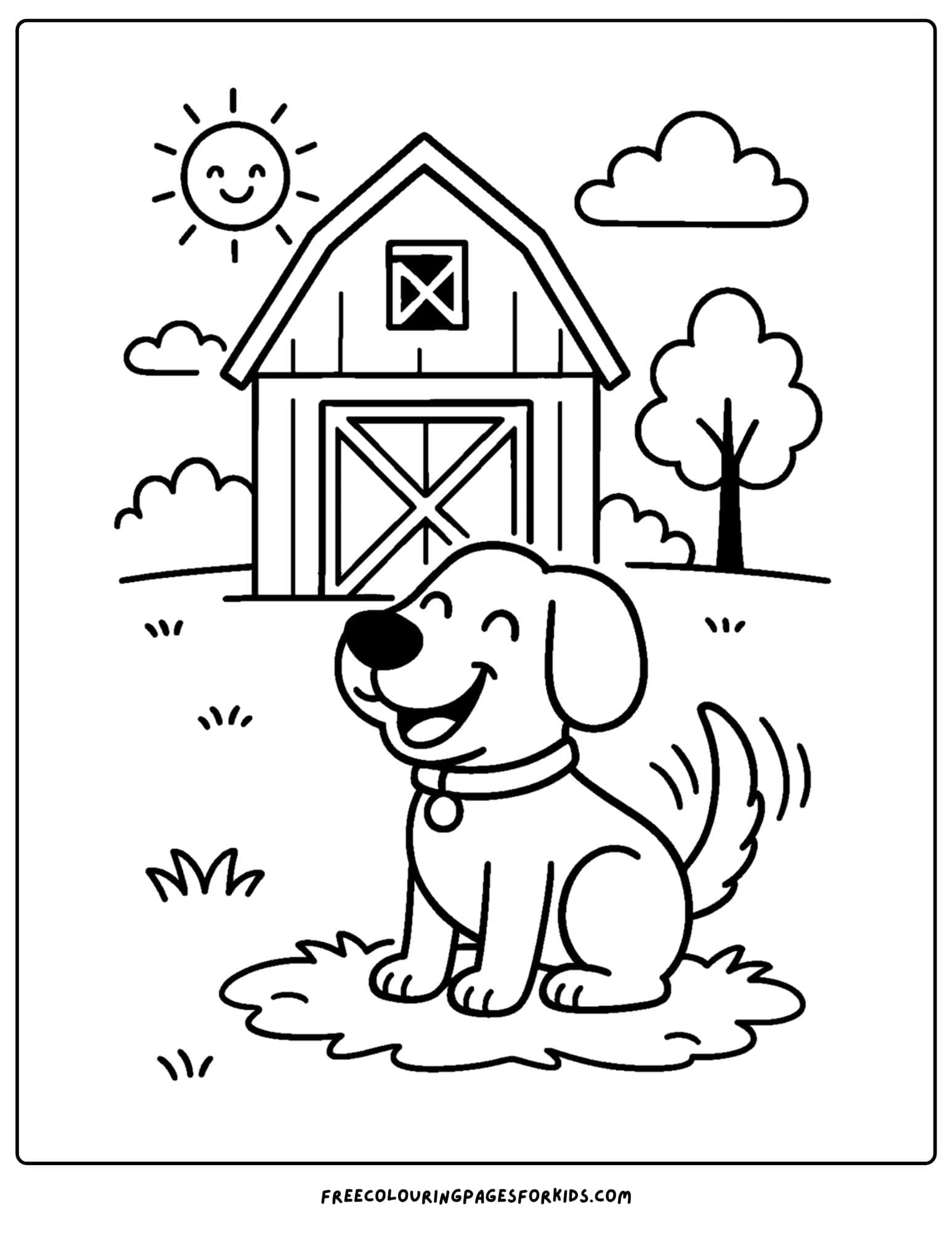 a farm coloring page featuring a dog sitting happily outside a barn