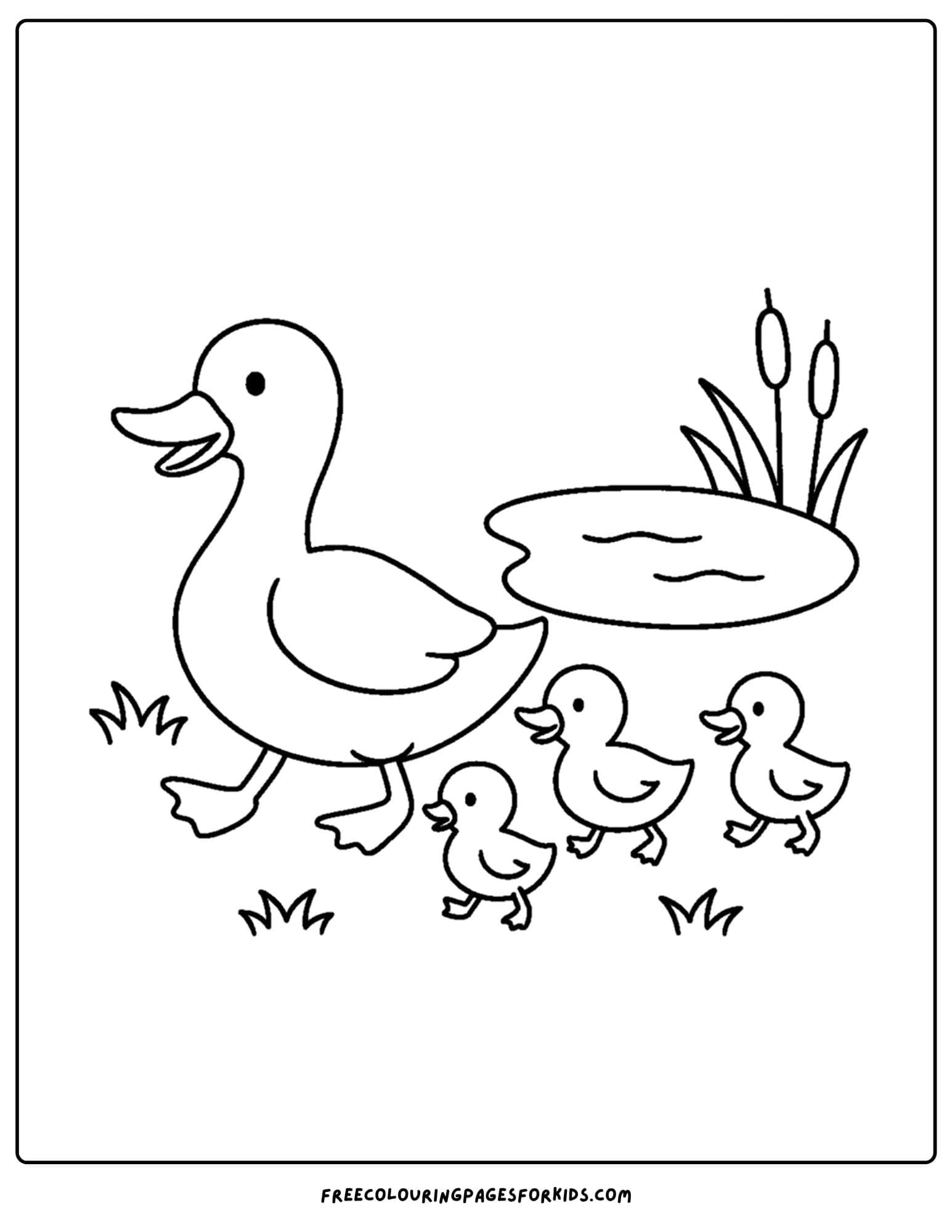 a farm coloring page featuring a duck and and her ducklings following